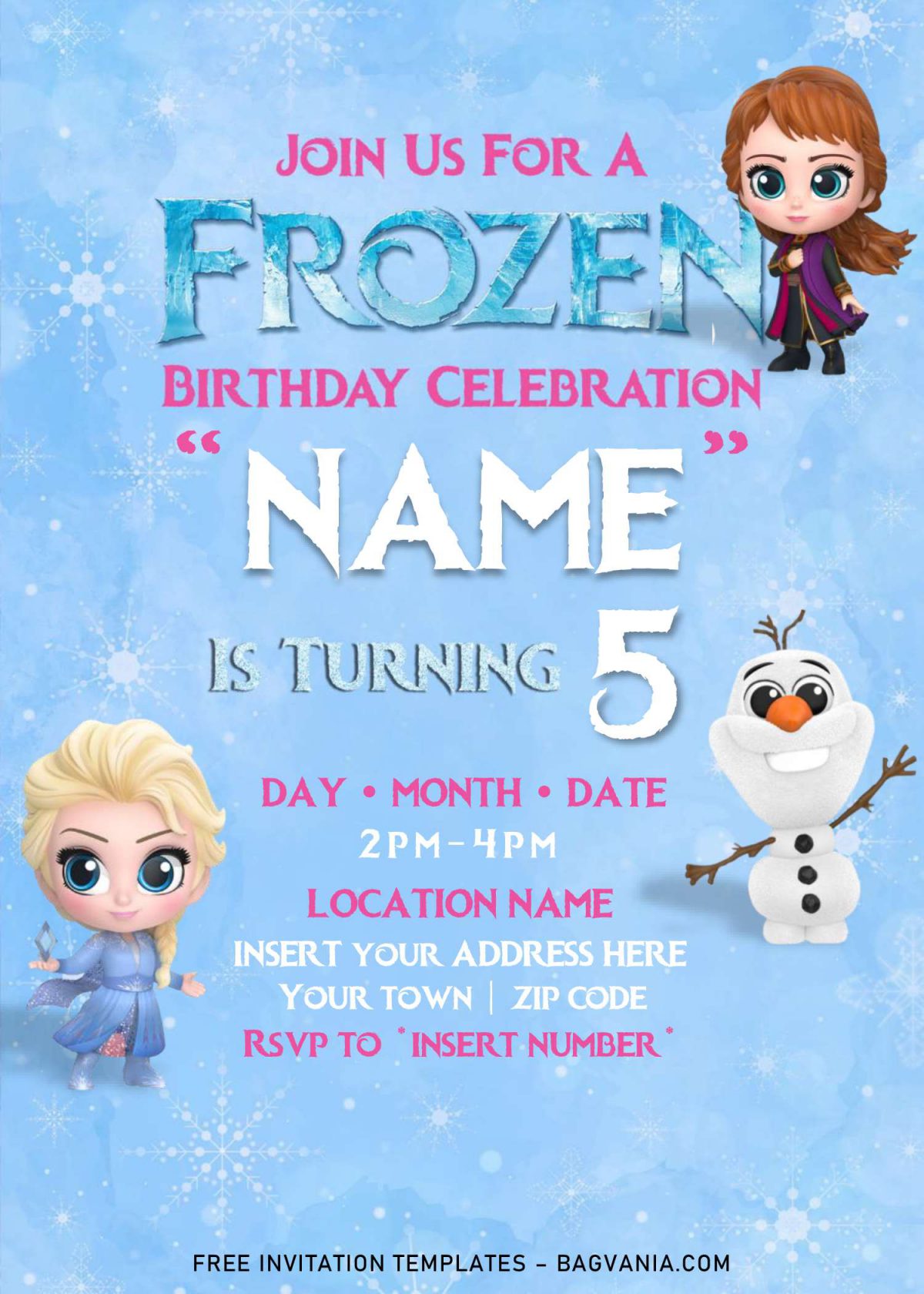 Free Frozen Birthday Invitation Templates For Word and has Chibi Olaf and Frozen's logo