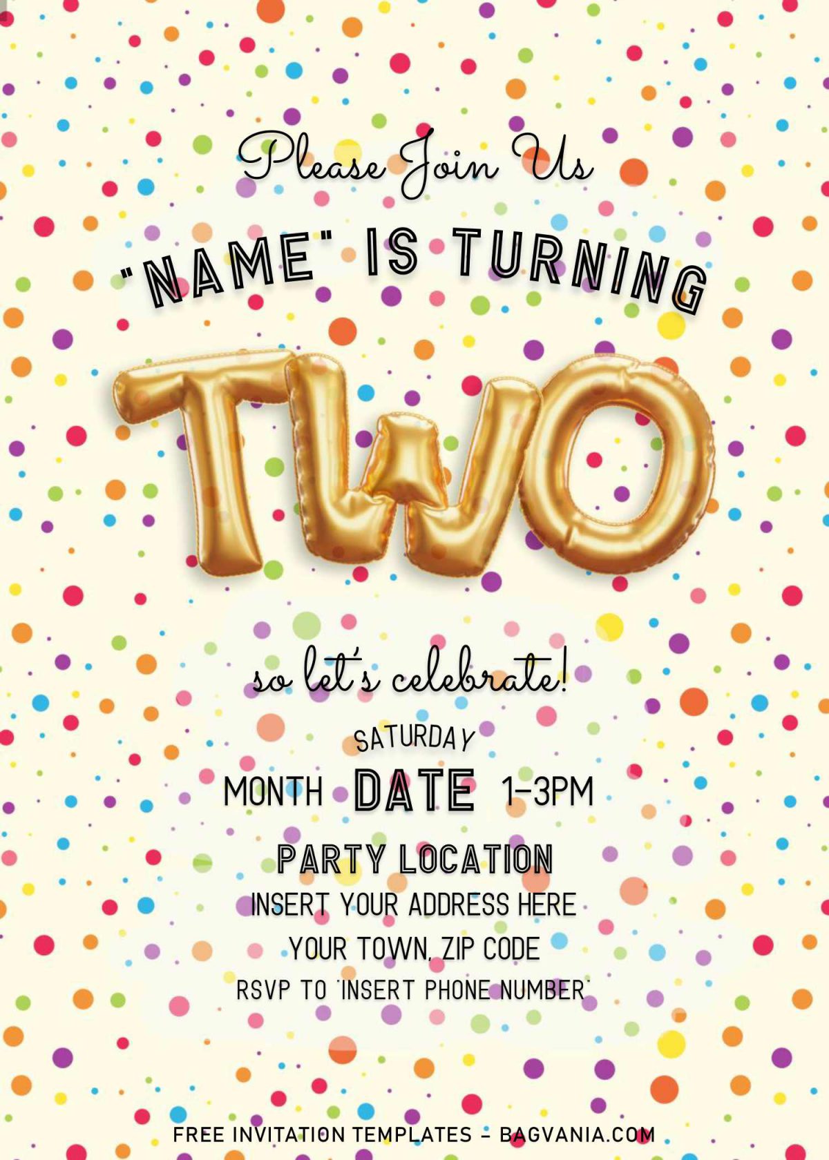Free Balloons Themed Birthday Invitation Templates For Word and has colorful polka dot background