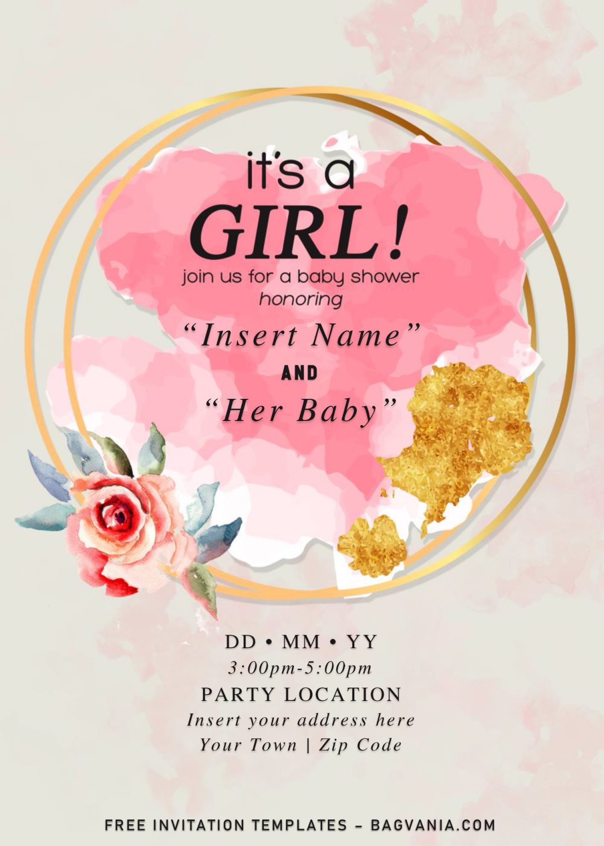 Free Gold Glitter Girl Baby Shower Invitation Templates For Word and has gold glitter splatter and blush pink roses
