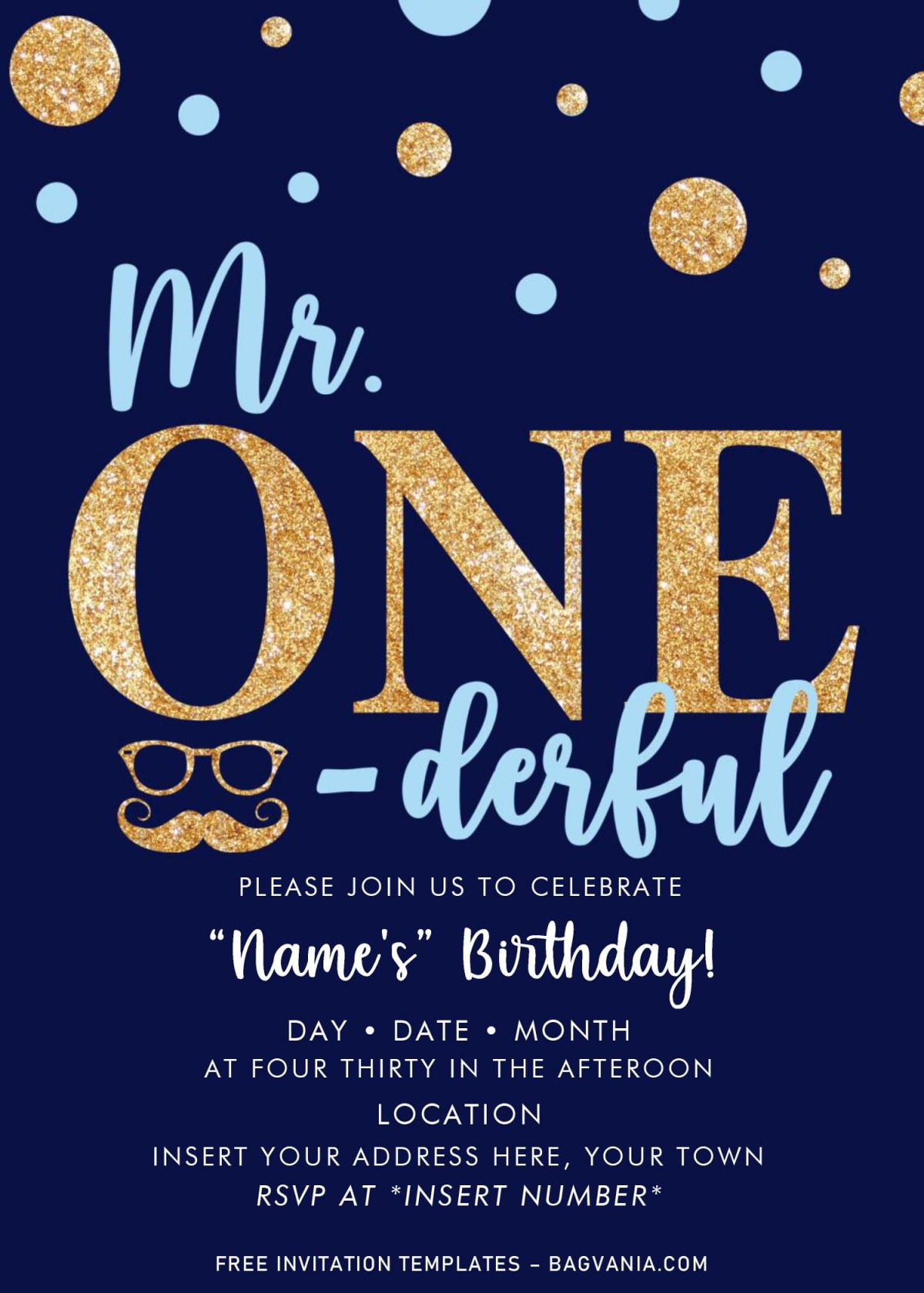 Free Mr. Onederful Birthday Party Invitation Templates For Word and has gold sunglasses and mustache