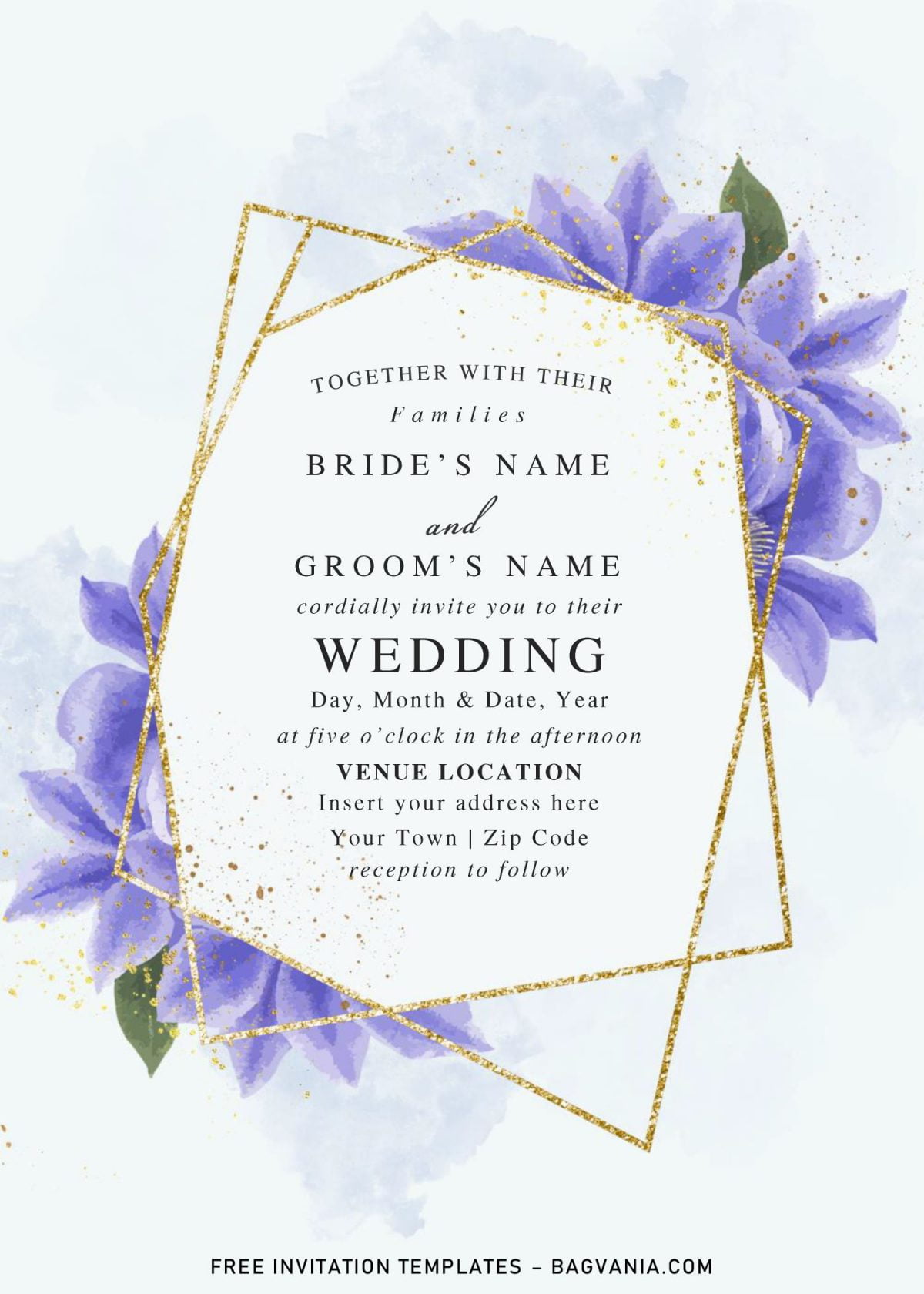 Free Blue Floral And Gold Geometric Wedding Invitation Templates For Word and has stunning gold glitter geometric pattern