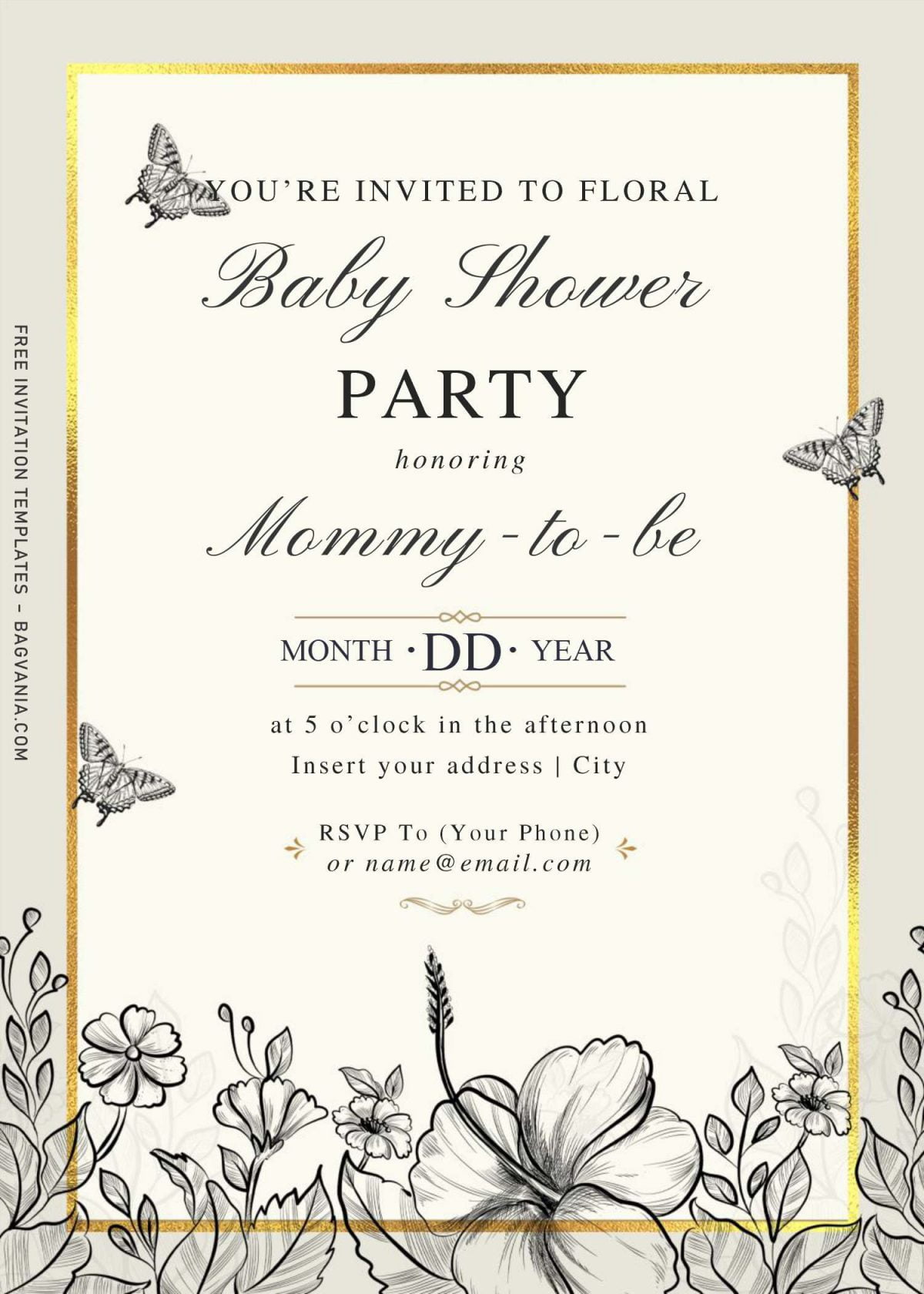 Free Hand Drawn Vintage Floral Wedding Invitation Templates For Word and has hand drawn butterflies