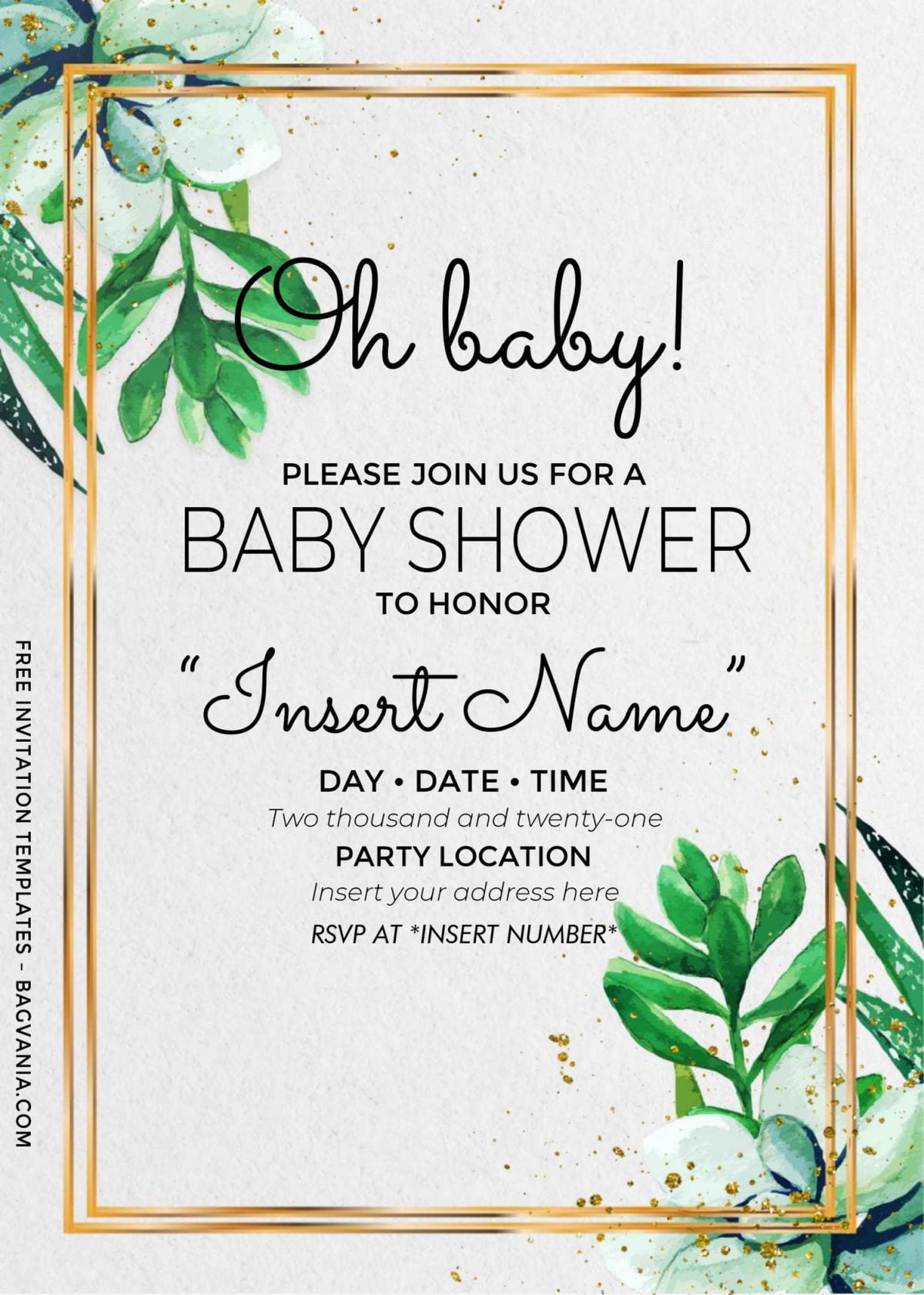 Free Oh Baby Cactus Birthday Invitation Templates For Word and has sparkling gold glitter splatter and text frame