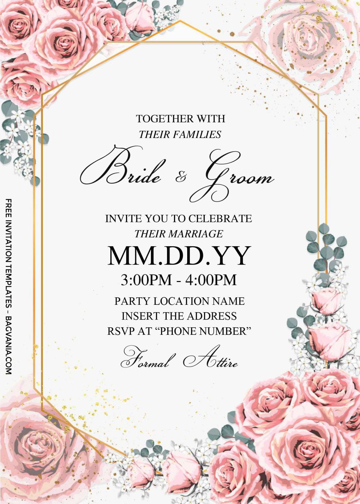 Free Dusty Rose Wedding Invitation Templates For Word and has dazzling metallic gold frame