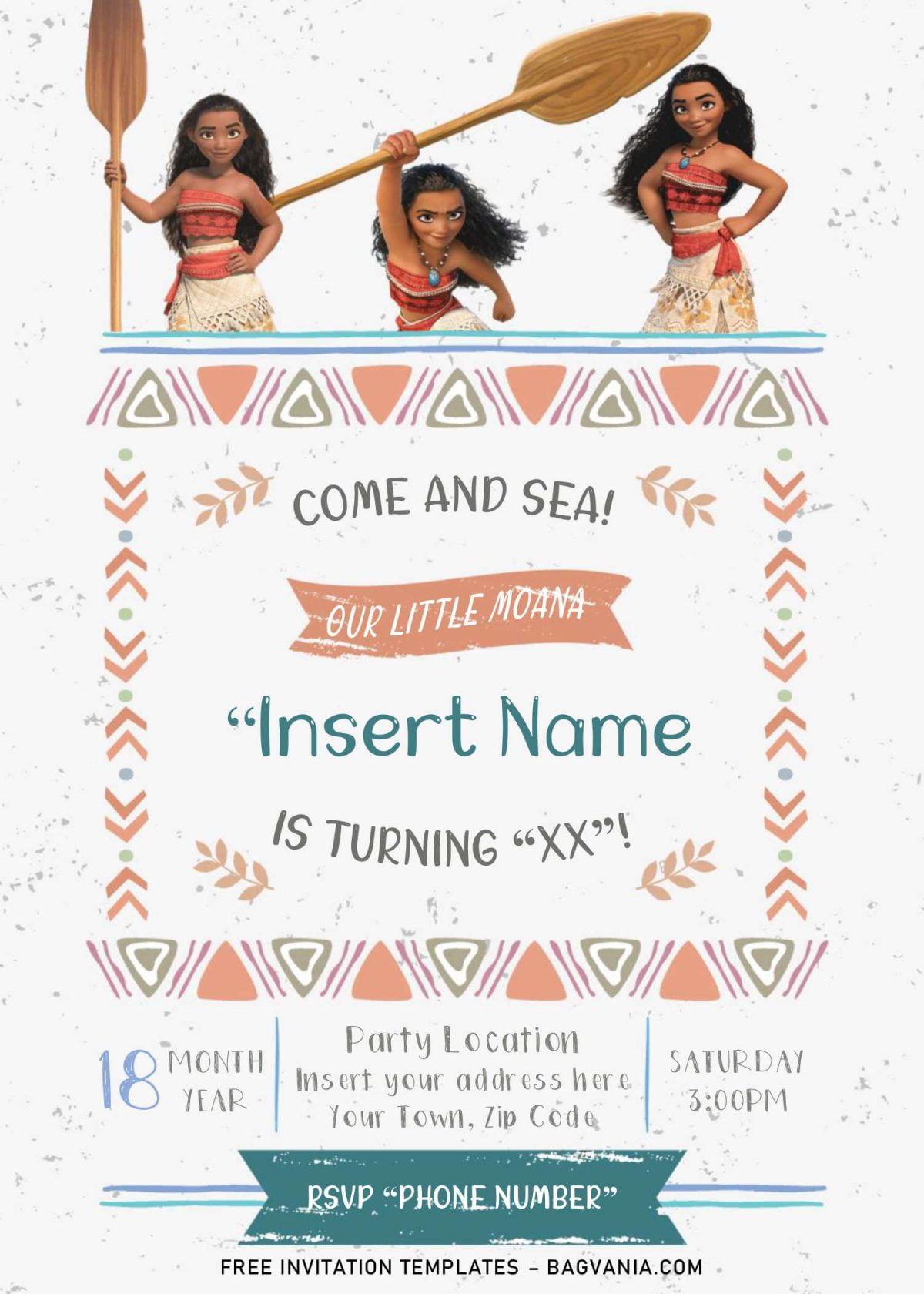 Free Moana Birthday Invitation Templates For Word and has adorable watercolor tribal inspired border design