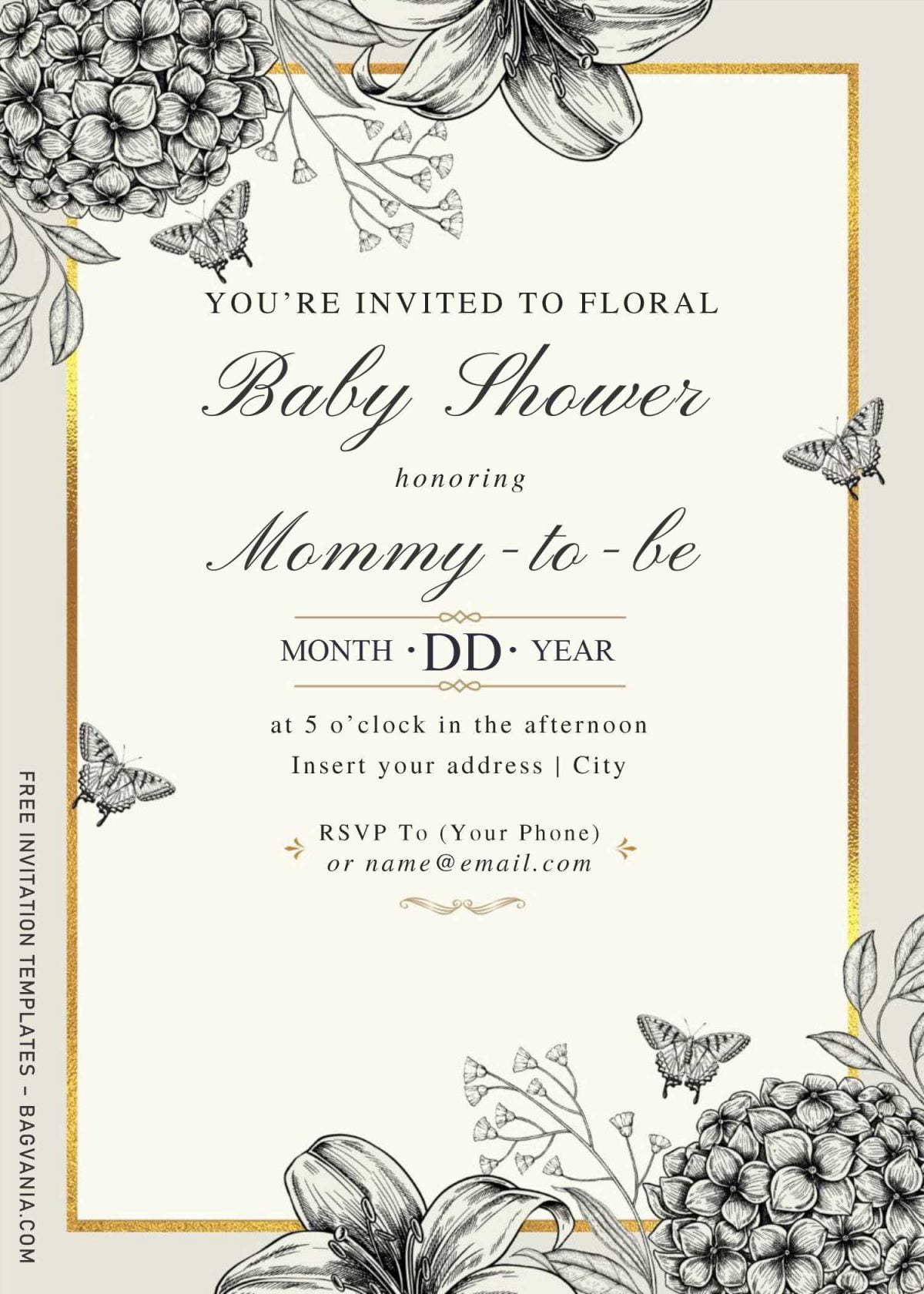 Free Hand Drawn Vintage Floral Wedding Invitation Templates For Word and has metallic gold textured frame border