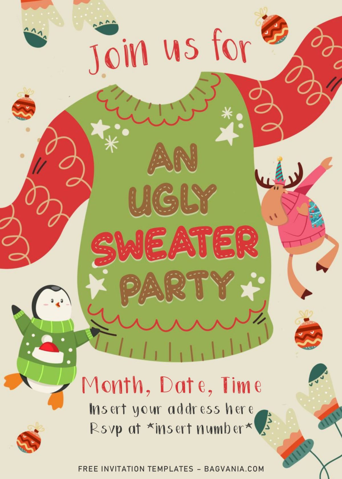Free Winter Ugly Sweater Birthday Party Invitation Templates For Word and has Cute Penguin is wearing sweater