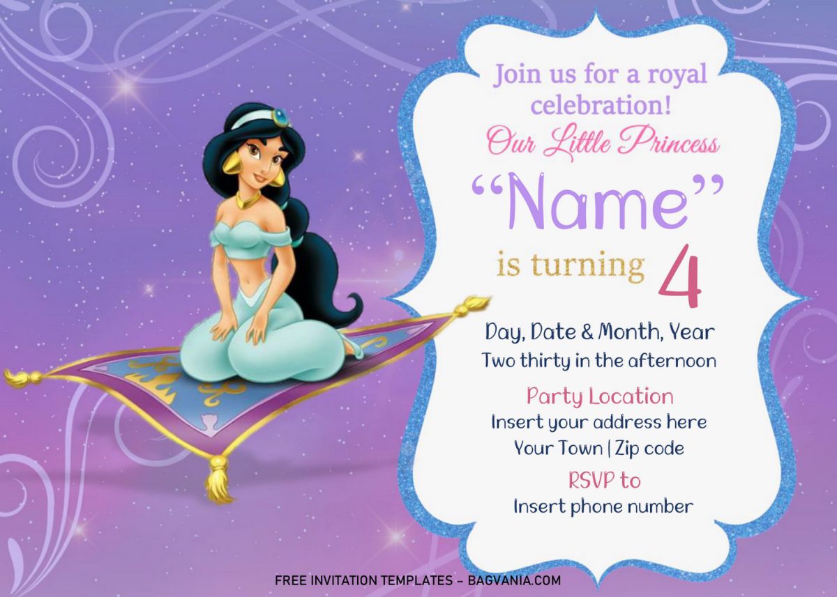 Free Jasmine Birthday Invitation Templates For Word and has Violet Background and Jasmine is flying on Magic Carpet