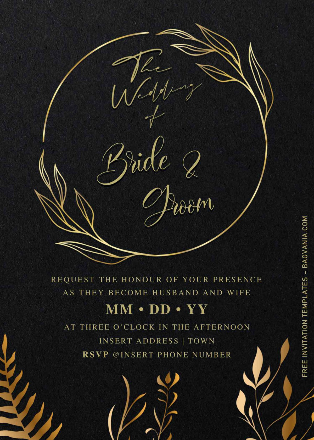 Free Elegant Black And Gold Wedding Invitation Templates For Word and has custom flower wreath in gold and sand paper finished background
