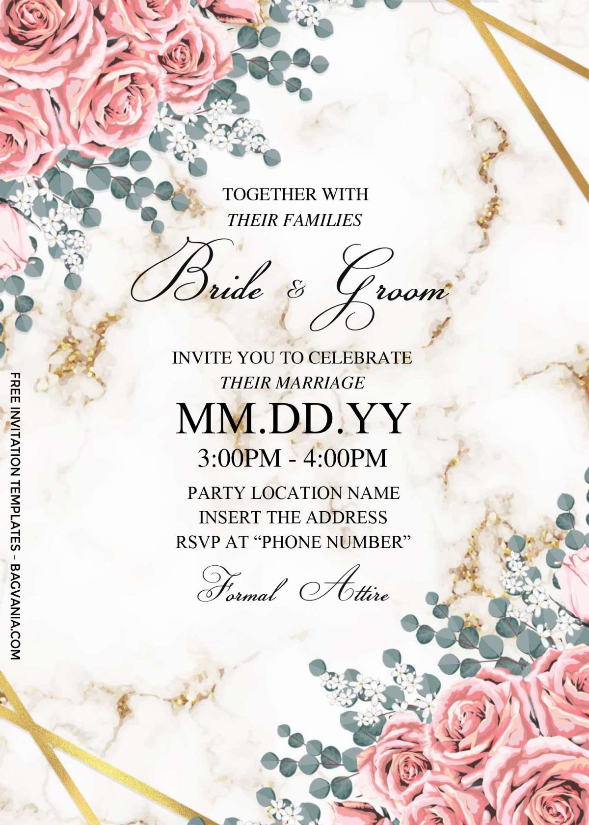 Free Dusty Rose Wedding Invitation Templates For Word and has gold marble veins background
