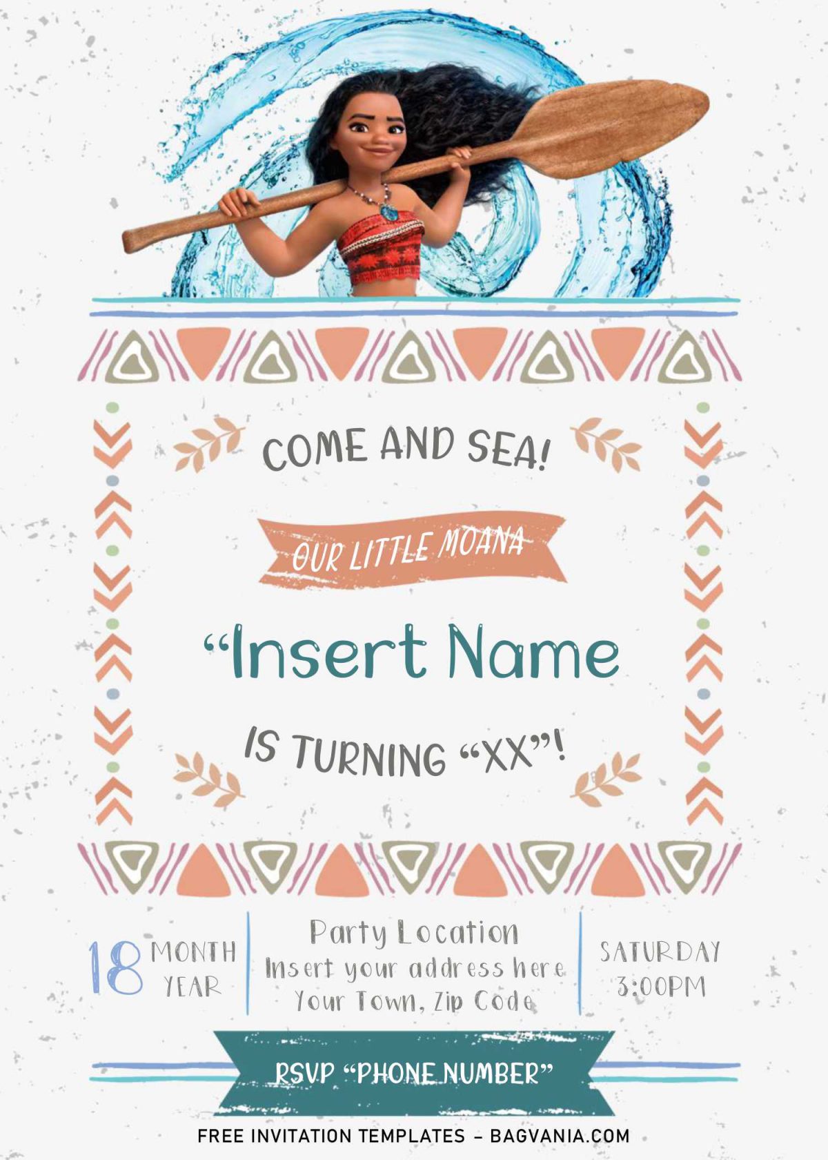 Free Moana Birthday Invitation Templates For Word and has Moana holding Paddle and Water Splash background
