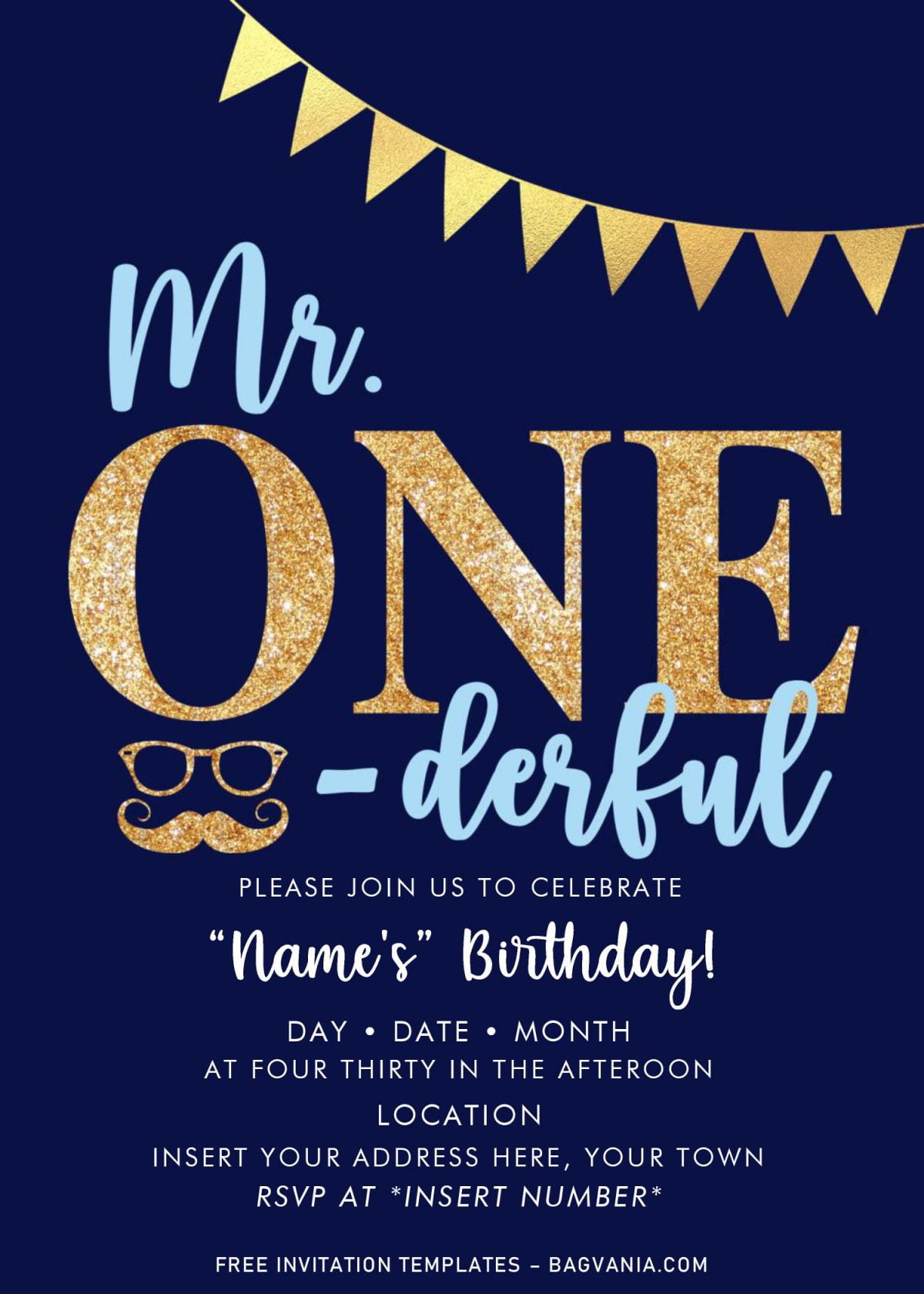 Free Mr. Onederful Birthday Party Invitation Templates For Word and has navy and gold combination