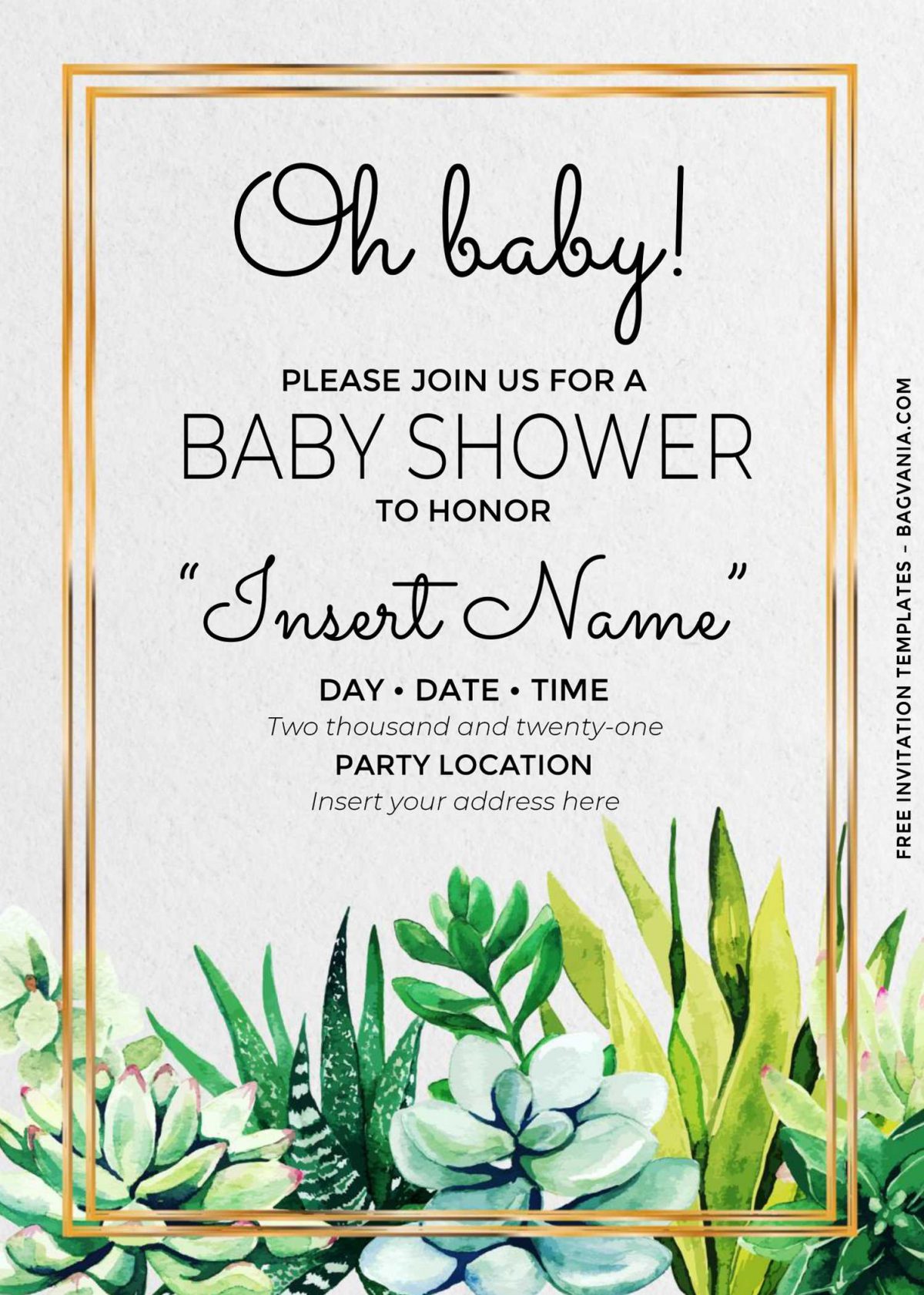 Free Oh Baby Cactus Birthday Invitation Templates For Word and has metallic gold text frame border