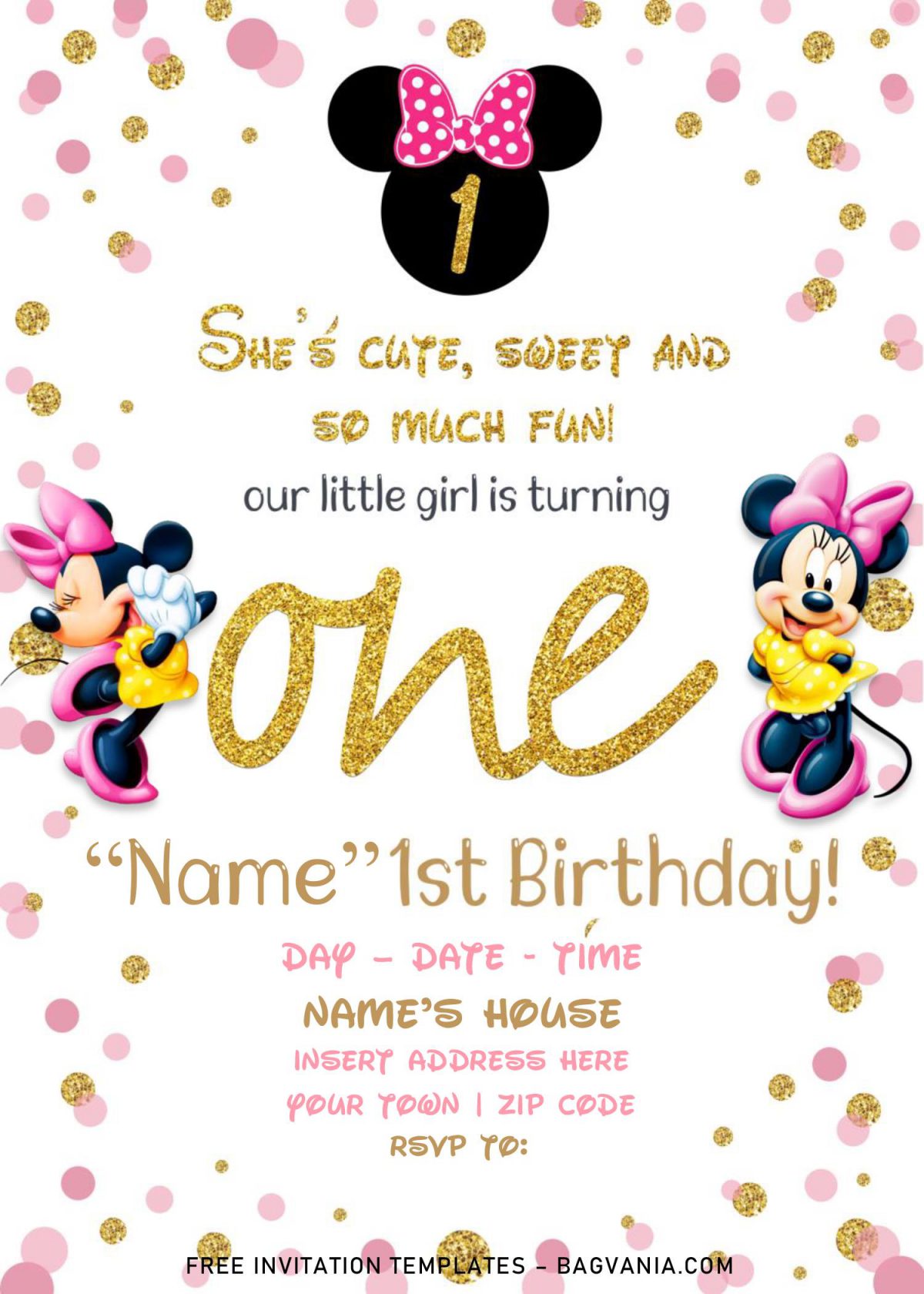 Free Sparkling Gold Glitter Minnie Mouse Birthday Invitation Templates For Word and has cute Minnie mouse in yellow dress