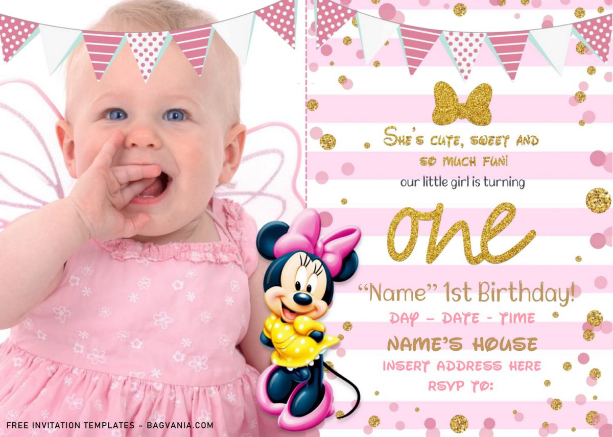 Free Sparkling Gold Glitter Minnie Mouse Birthday Invitation Templates For Word and has picture frame