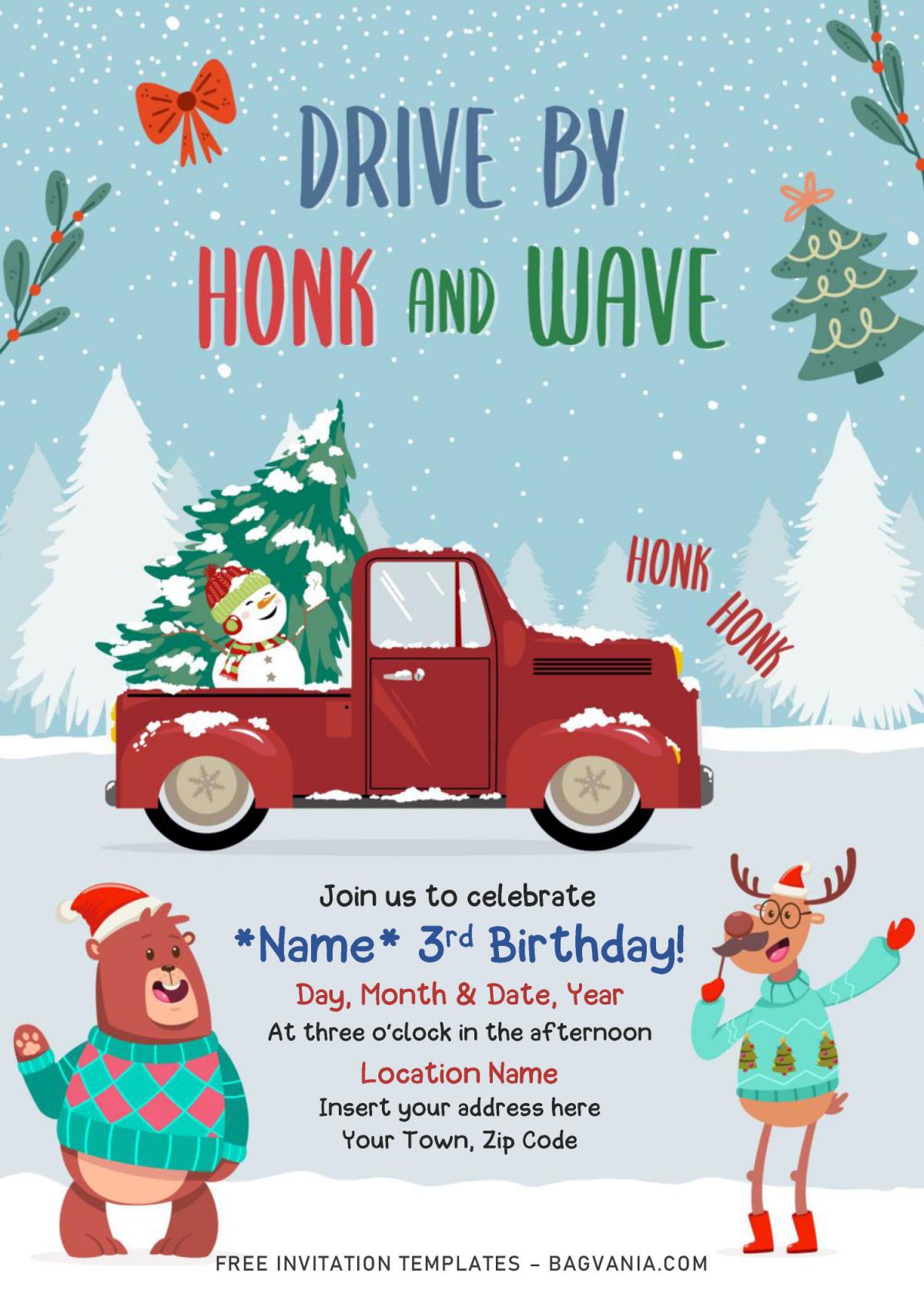Free Winter Red Truck Drive By Birthday Party Invitation Templates For Word and has red vintage truck with Christmas tree on the truck