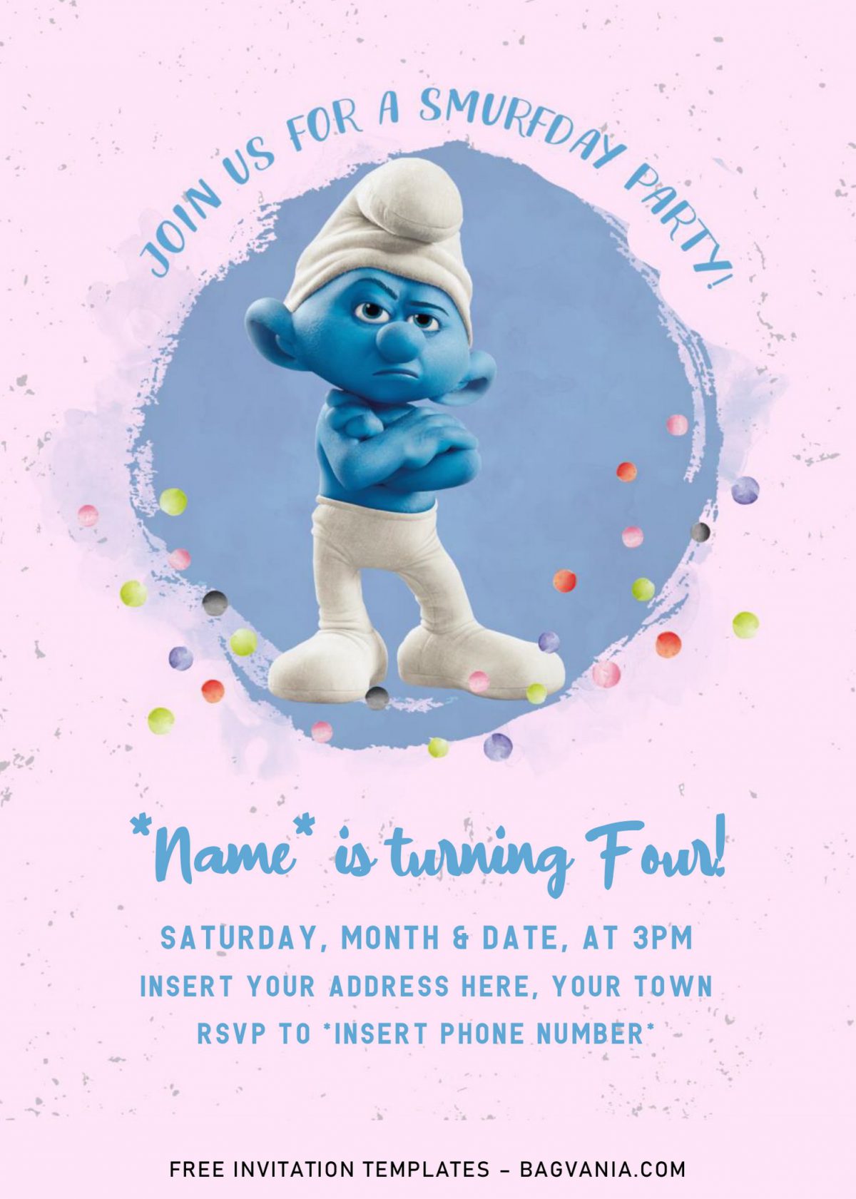 Free Smurf Birthday Invitation Templates For Free and has blue background