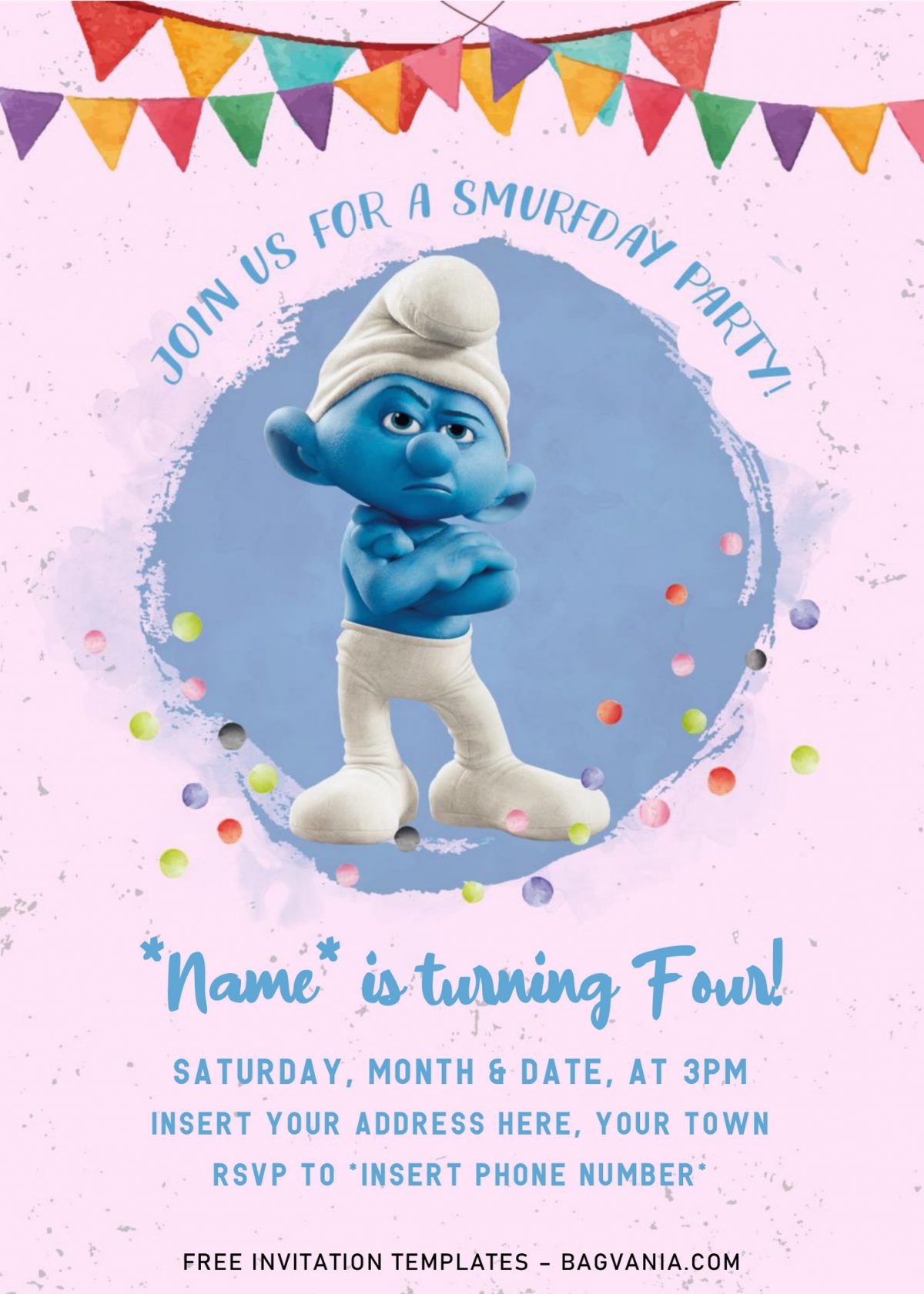 Free Smurf Birthday Invitation Templates For Free and has Colorful Bunting flags