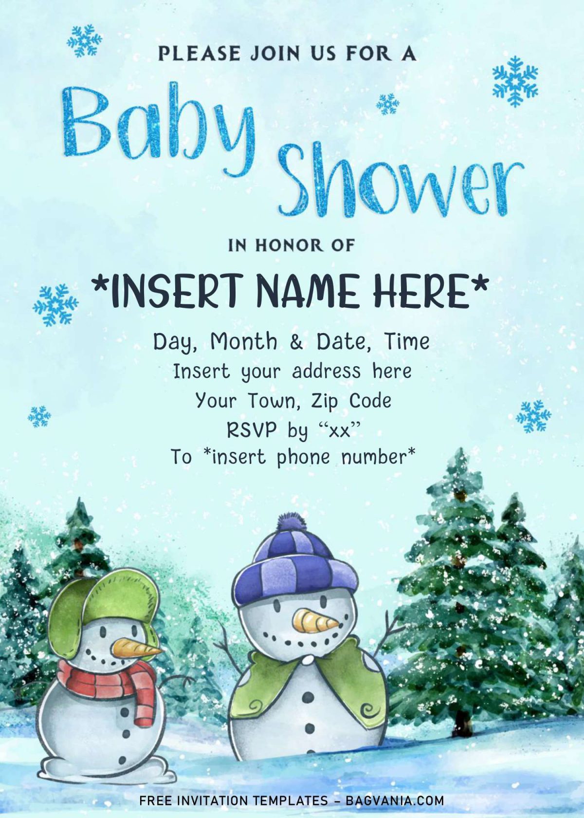 Free Winter Baby Shower Invitation Templates For Word and has Snowmen wearing hat