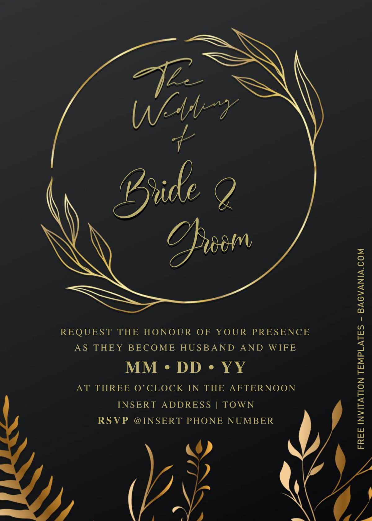 Free Elegant Black And Gold Wedding Invitation Templates For Word and has gold floral frame