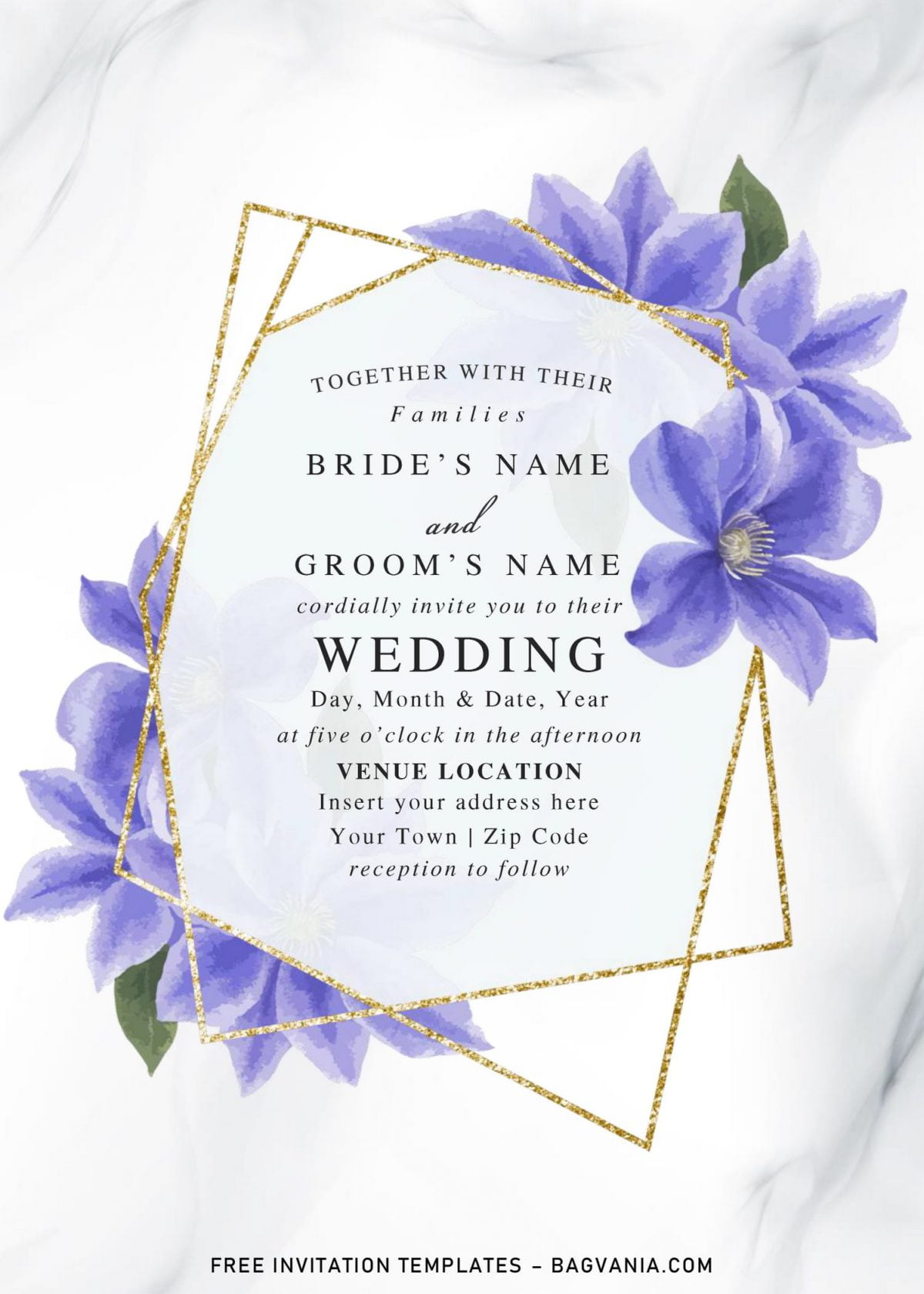 Free Blue Floral And Gold Geometric Wedding Invitation Templates For Word and has sparkling Gold glitter text frame