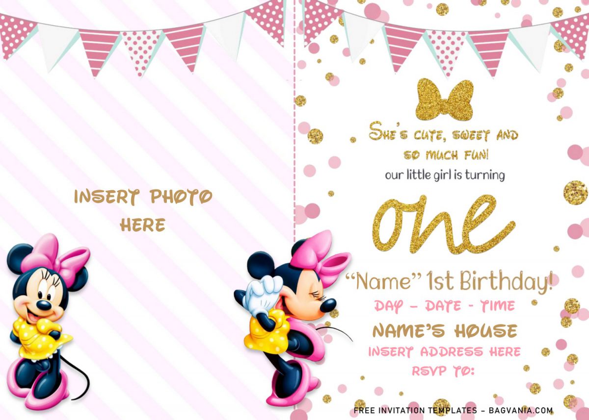 Free Sparkling Gold Glitter Minnie Mouse Birthday Invitation Templates For Word and has landscape orientation
