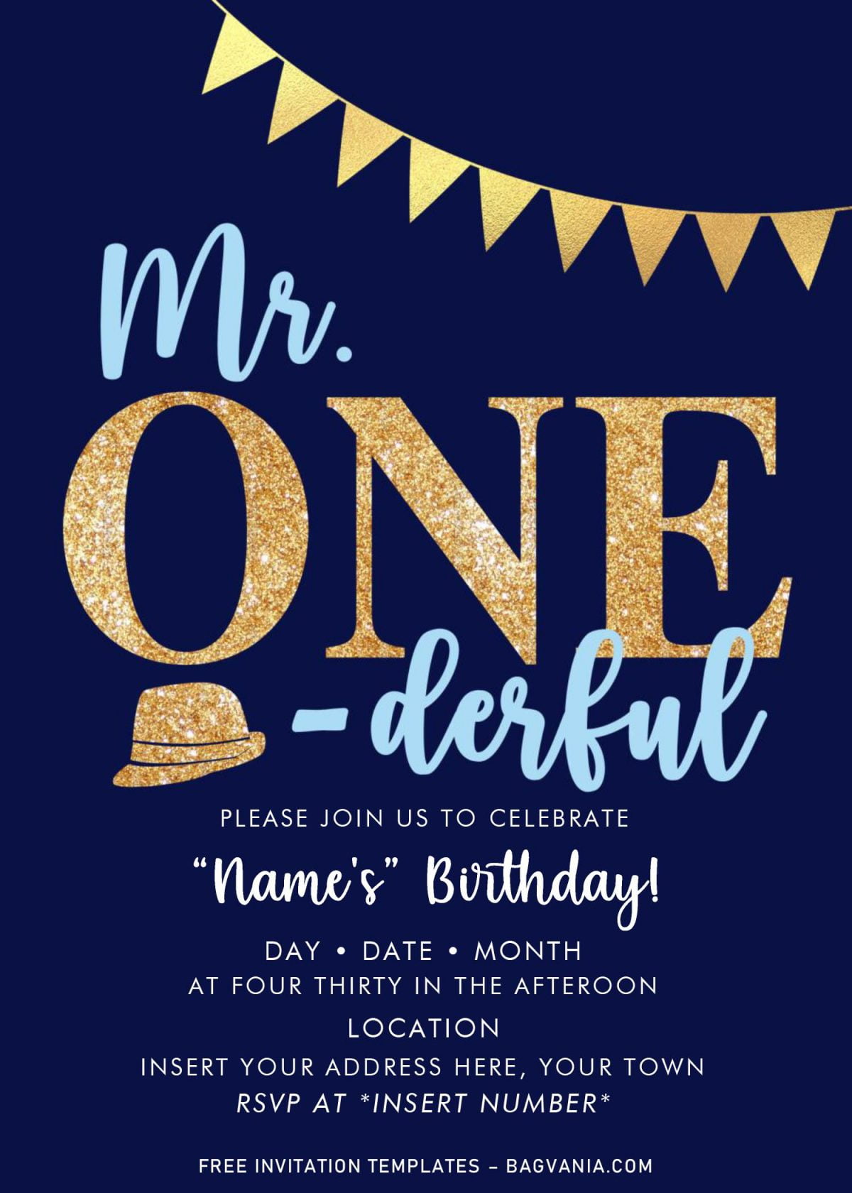 Free Mr. Onederful Birthday Party Invitation Templates For Word and has navy blue background