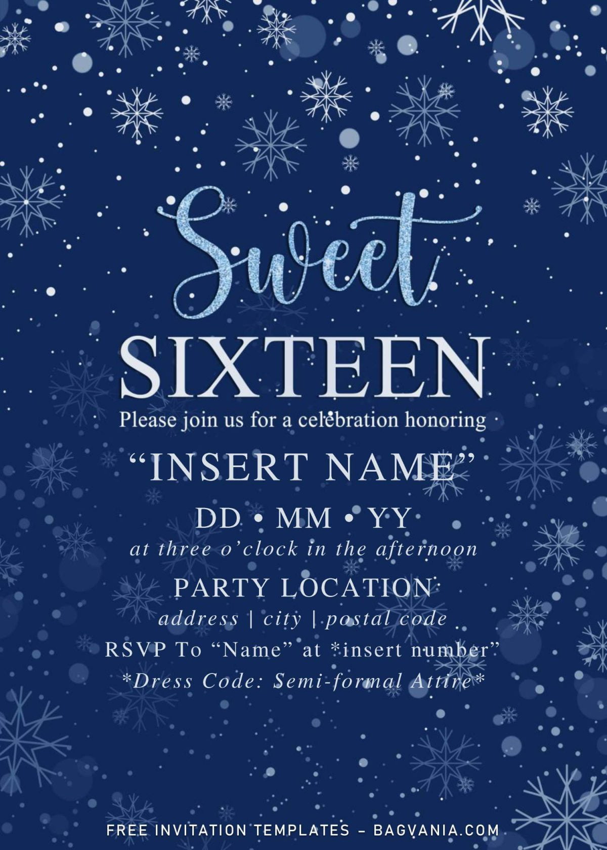Free Winter Sweet Sixteen Birthday Invitation Templates For Word and has blue background