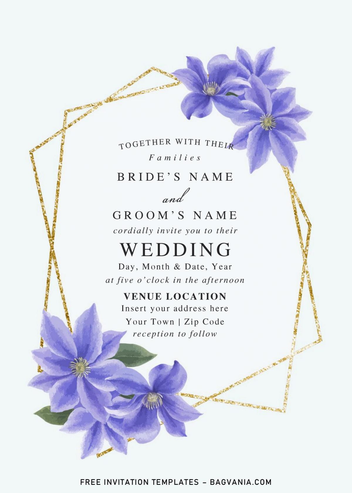 Free Blue Floral And Gold Geometric Wedding Invitation Templates For Word and has solid white background