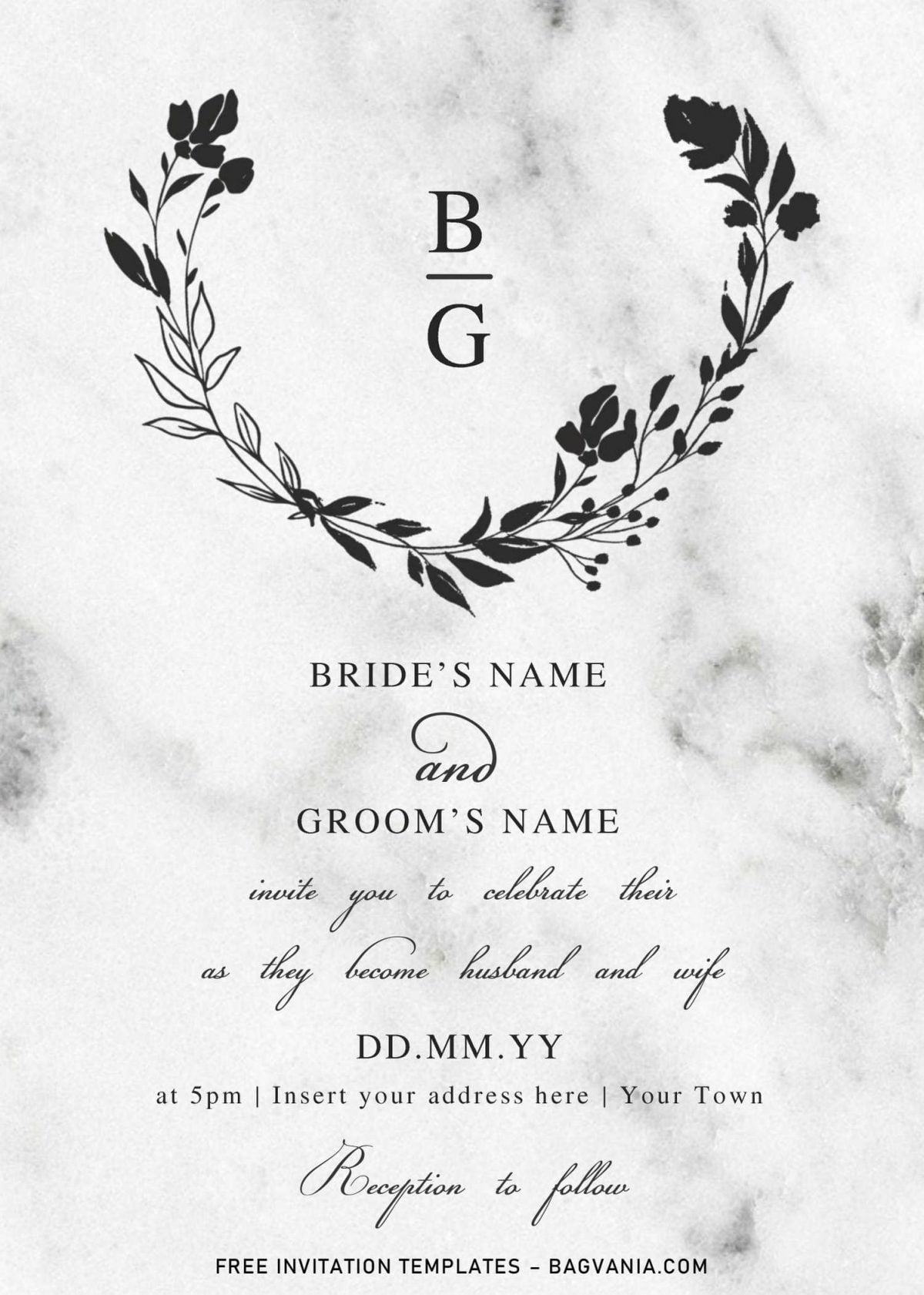 Free Floral Monogram Wedding Invitation Templates For Word and has white & black marble background