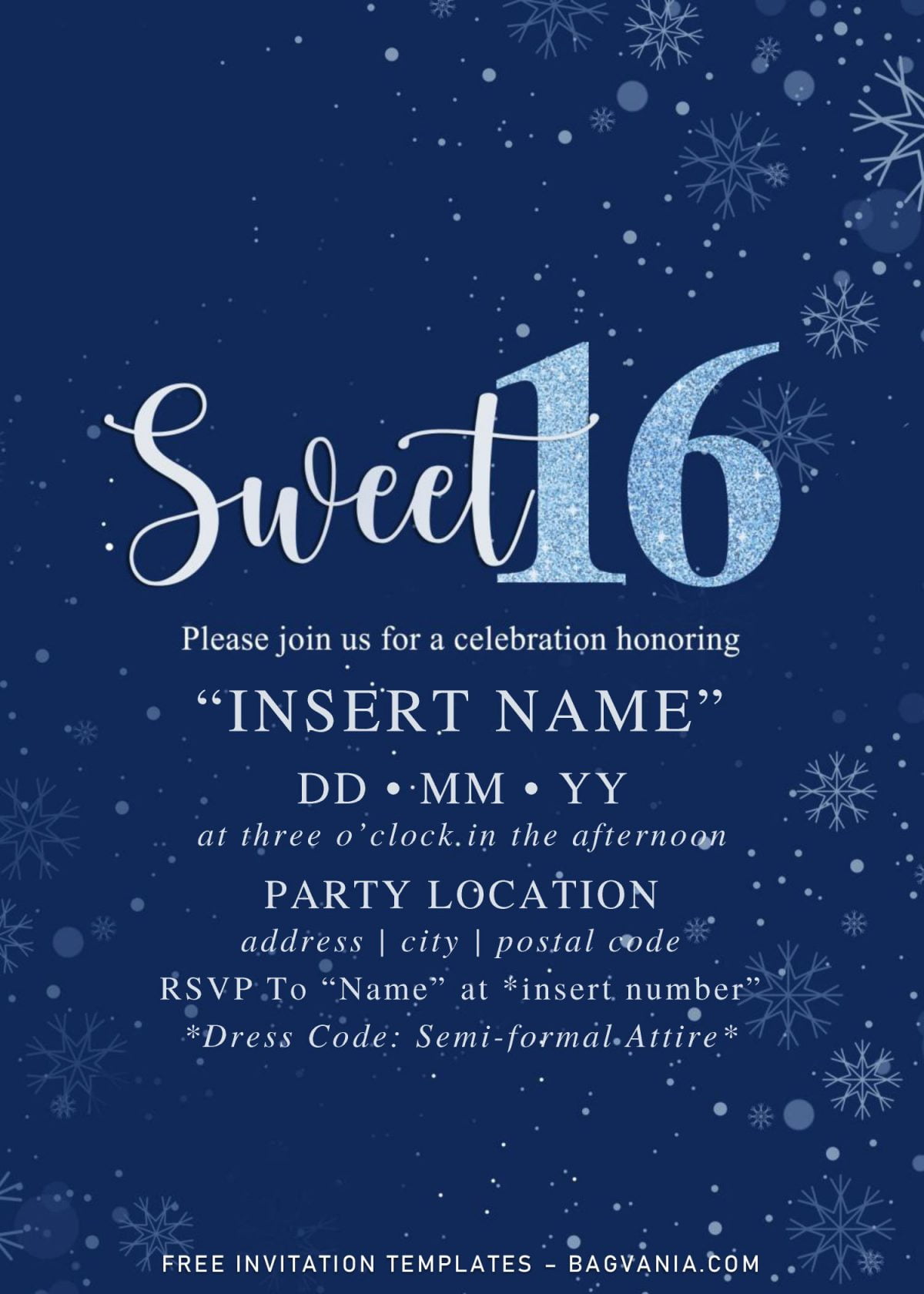 Free Winter Sweet Sixteen Birthday Invitation Templates For Word and has sparkling snowflakes background