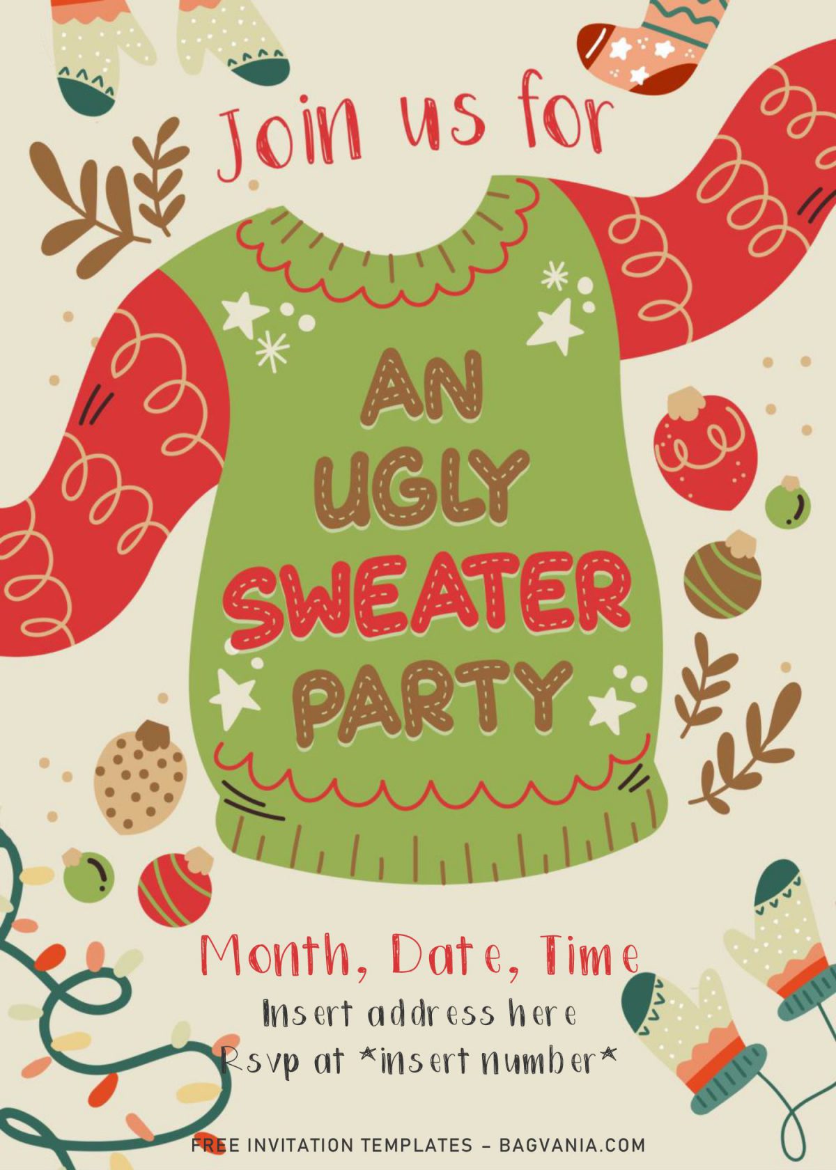 Free Winter Ugly Sweater Birthday Party Invitation Templates For Word and has tan background and Christmas theme