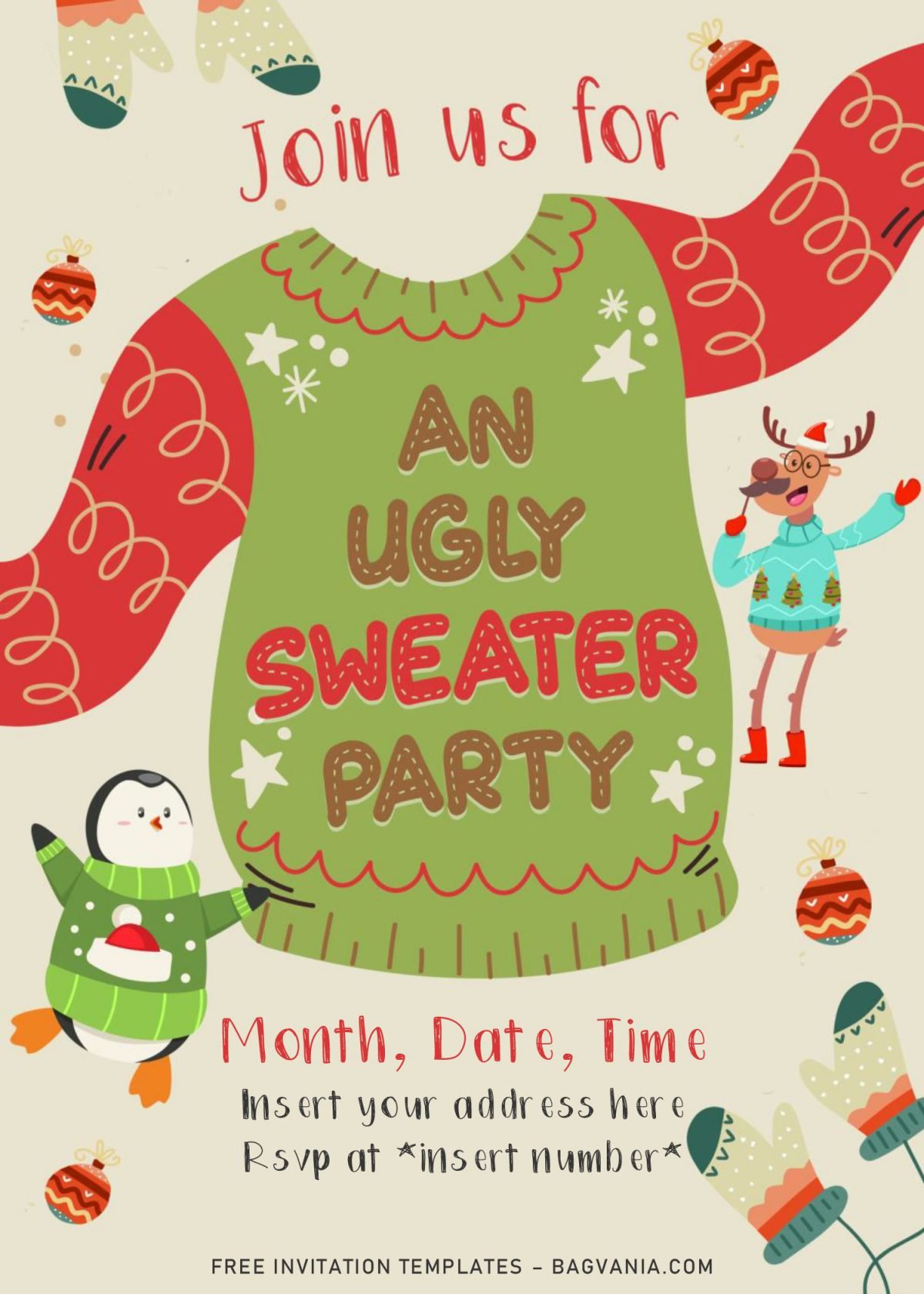 Free Winter Ugly Sweater Birthday Party Invitation Templates For Word and has portrait orientation card design
