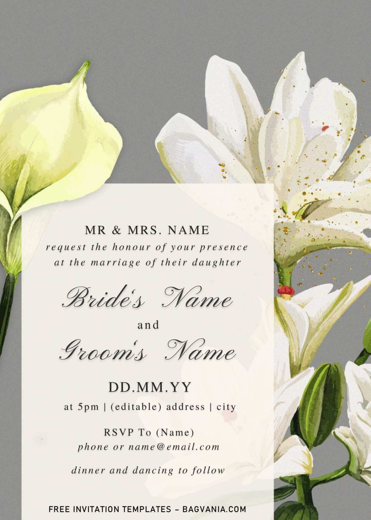 Free Watercolor Lily Wedding Invitation Templates For Word and has white pinkish lily