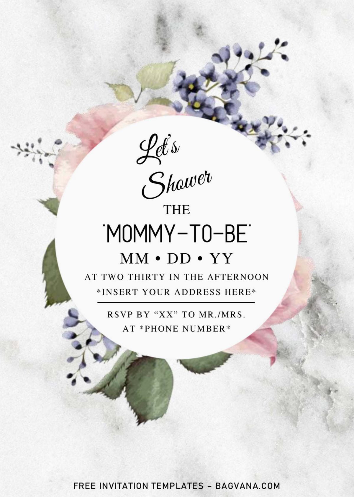 Free Summer Garden Baby Shower Invitation Templates Here and has portrait orientation and white marble background