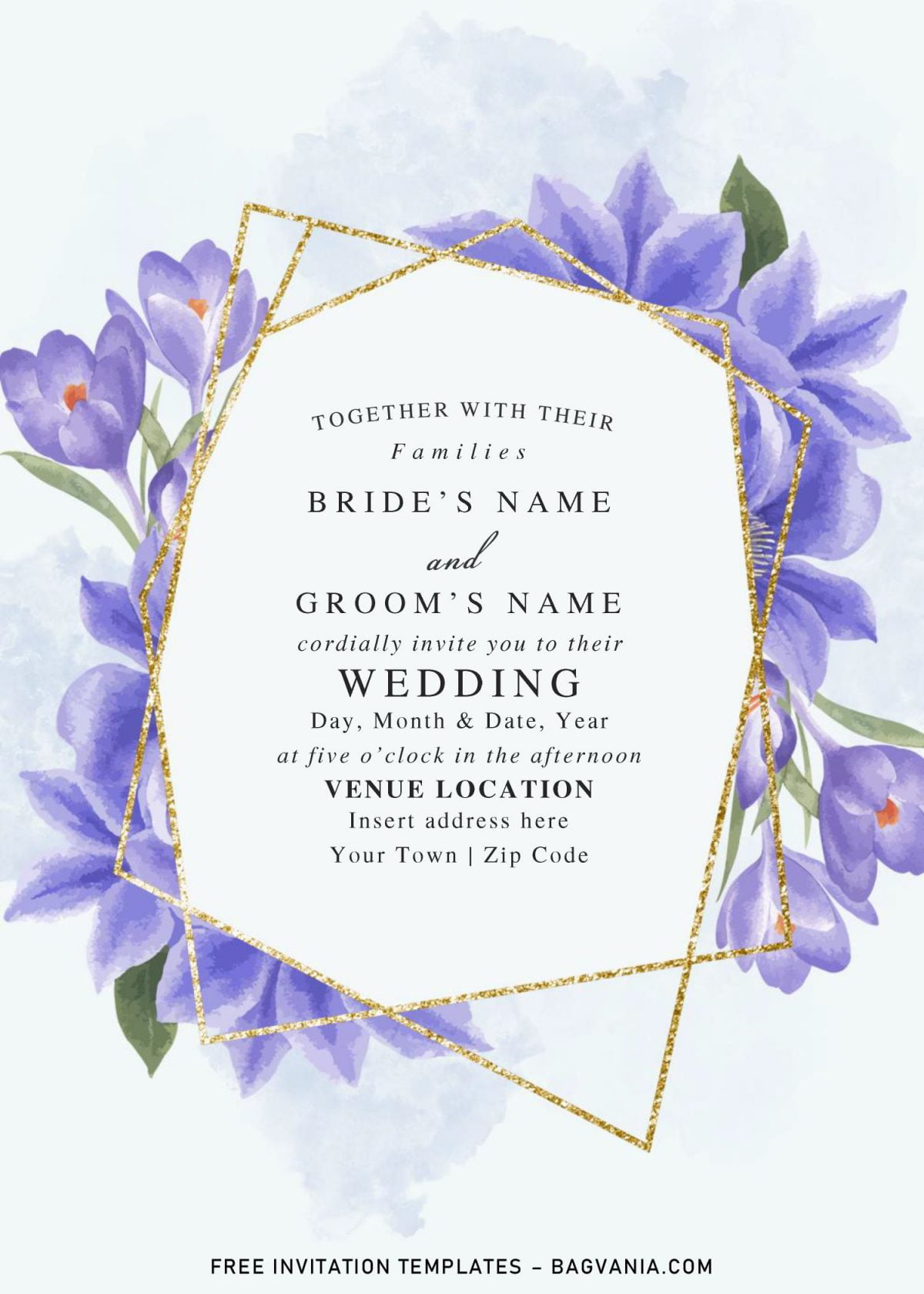 Free Blue Floral And Gold Geometric Wedding Invitation Templates For Word and has portrait orientation card design
