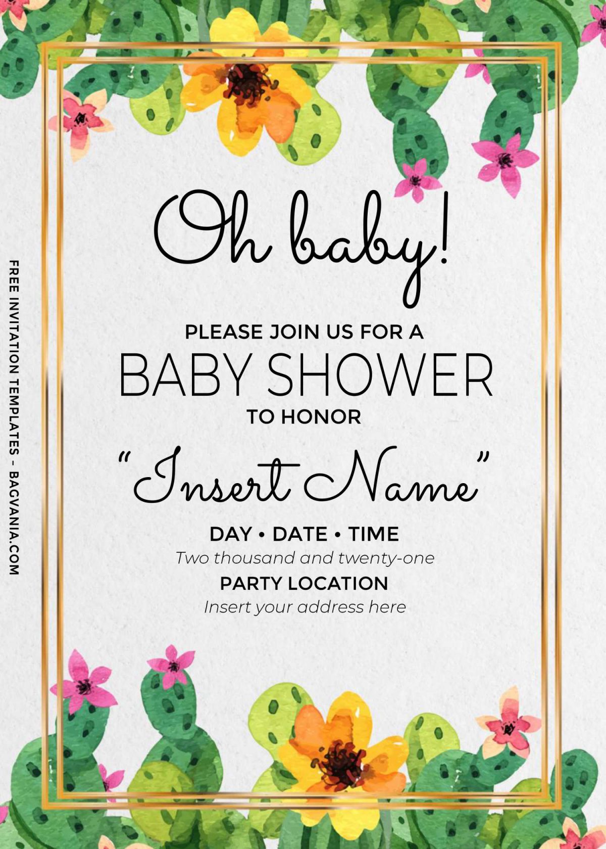 Free Oh Baby Cactus Birthday Invitation Templates For Word and has portrait orientation card design and rustic background