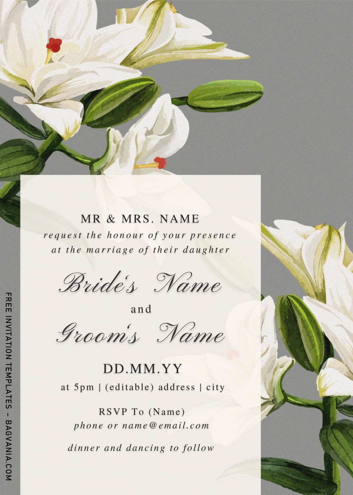 Free Watercolor Lily Wedding Invitation Templates For Word and has portrait orientation