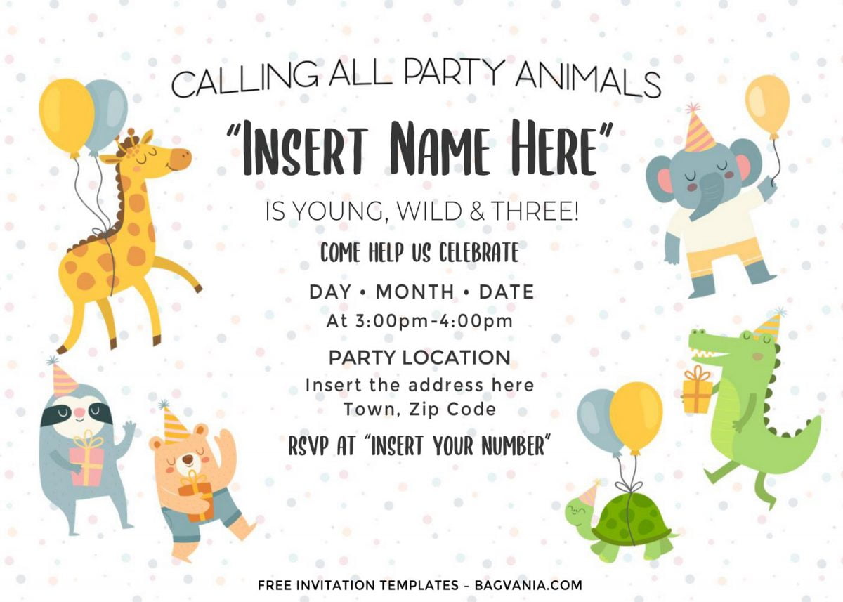 Free Cute Party Animals Birthday Invitation Templates For Word and has landscape design and solid white background
