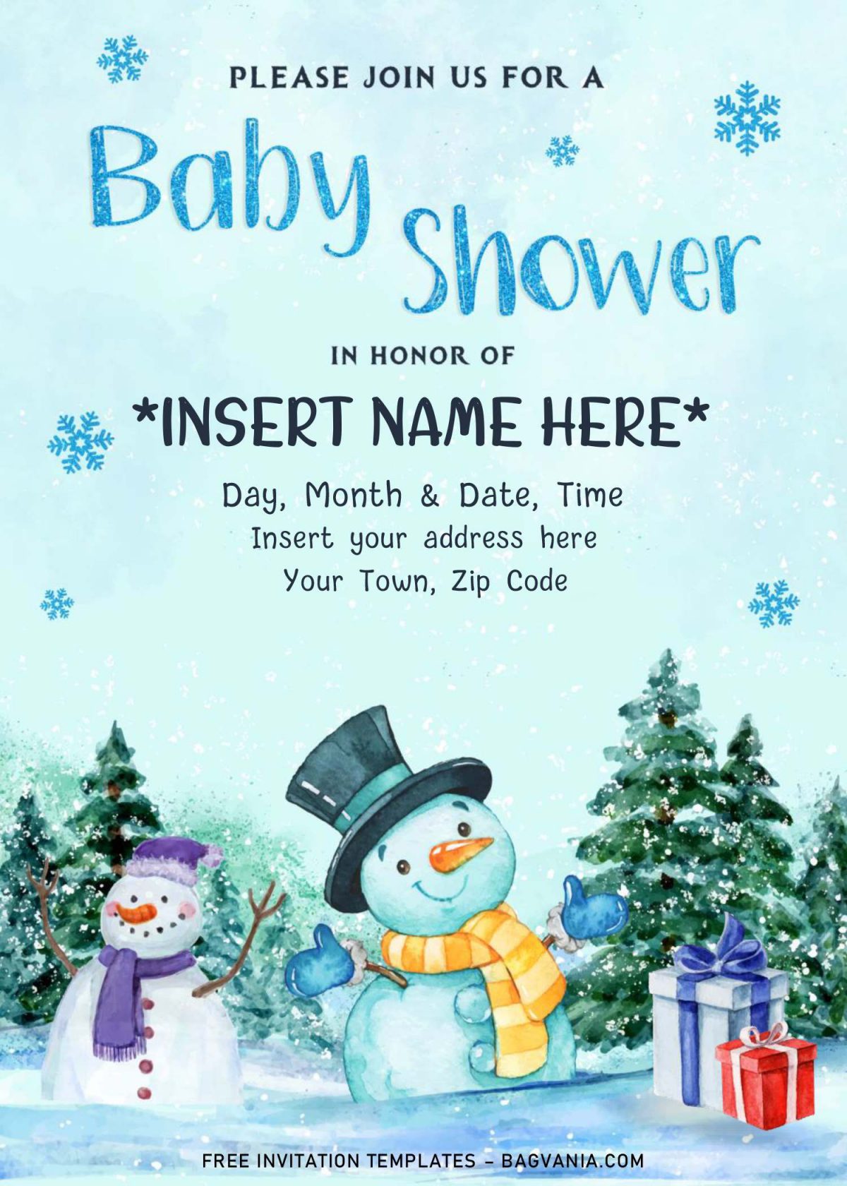 Free Winter Baby Shower Invitation Templates For Word and has two snowmen and birthday gift boxes