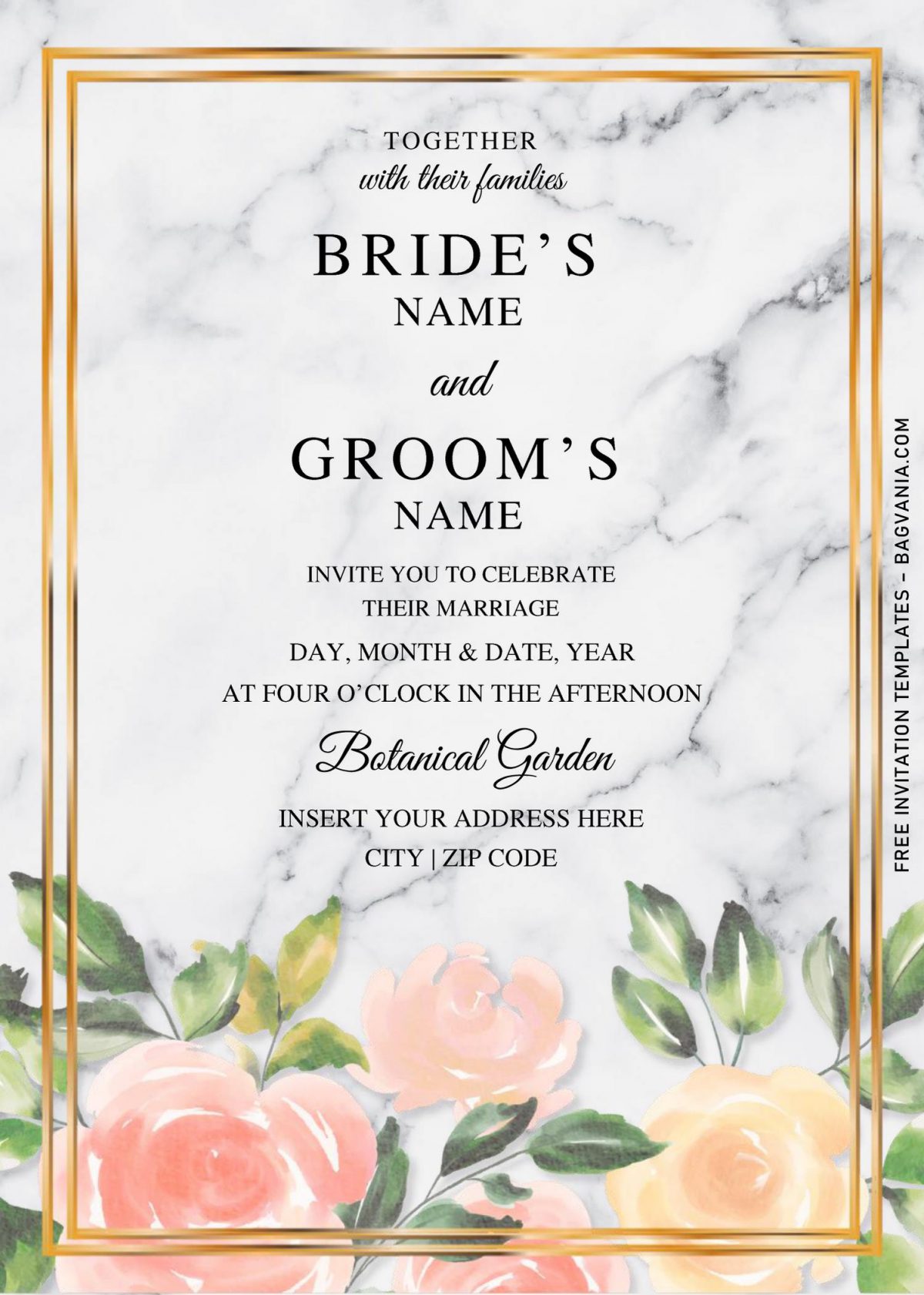 Free Peach Flower Wedding Invitation Templates For Word and has metallic gold frame