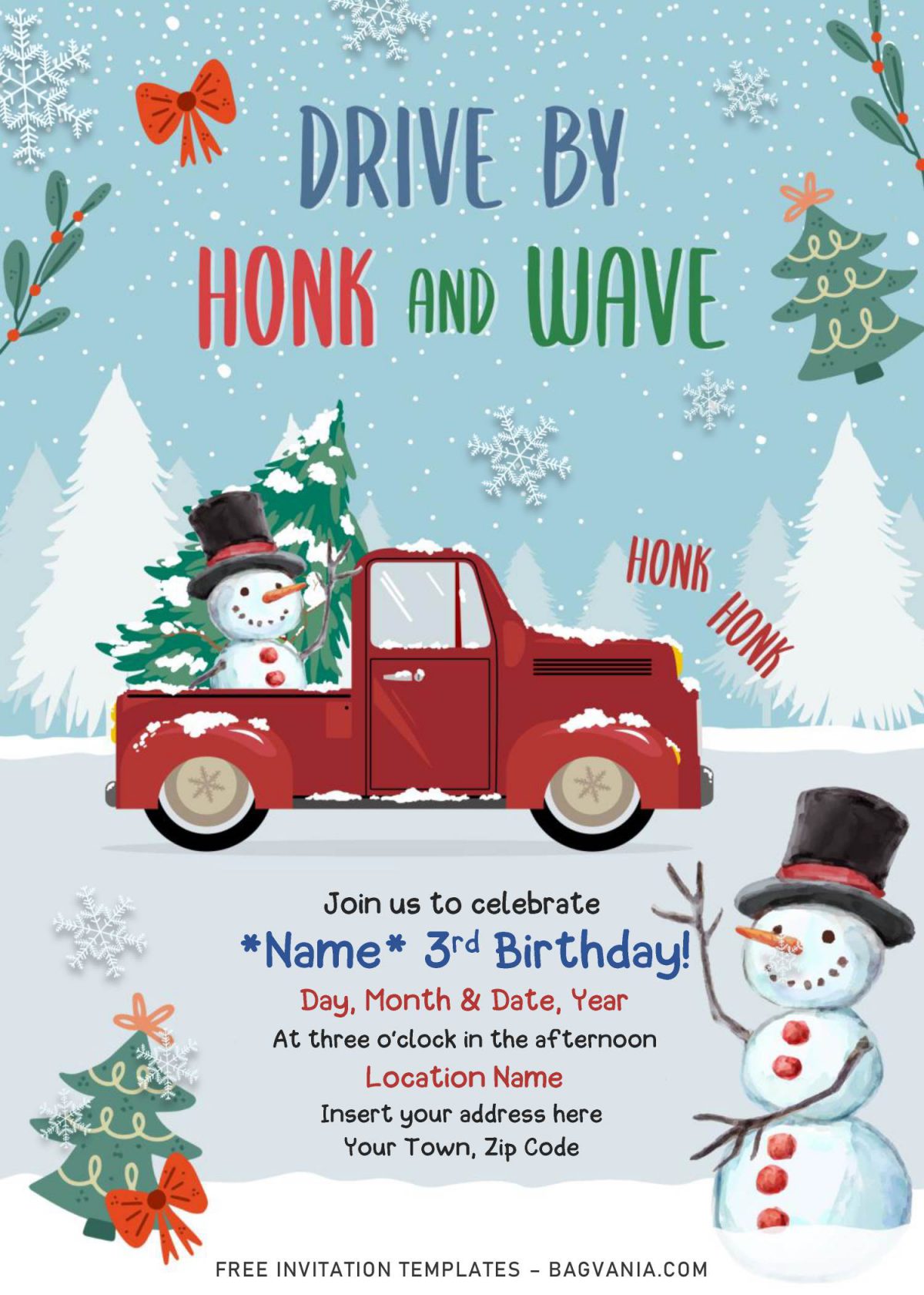 Free Winter Red Truck Drive By Birthday Party Invitation Templates For Word and has snow in the forest