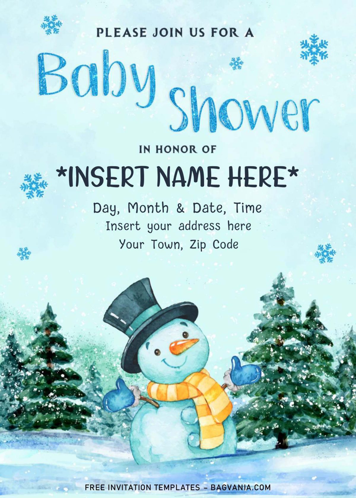 Free Winter Baby Shower Invitation Templates For Word and has watercolor snowman