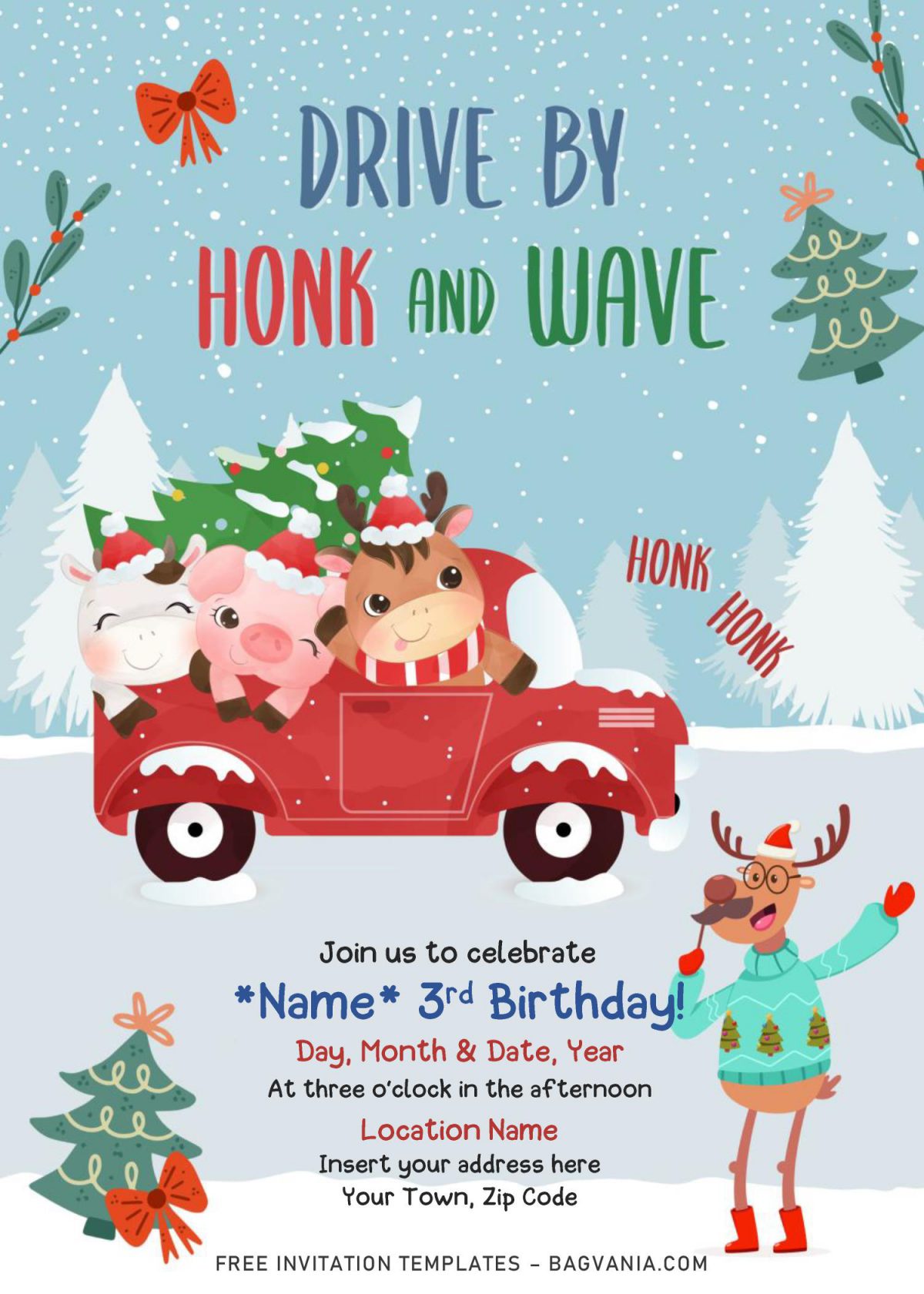 Free Winter Red Truck Drive By Birthday Party Invitation Templates For Word and has portrait orientation card design