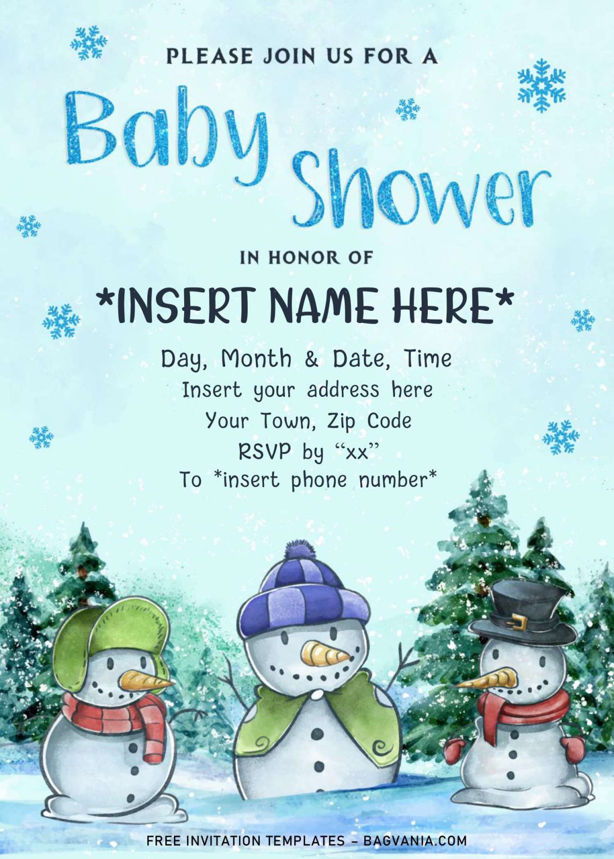 Free Winter Baby Shower Invitation Templates For Word and has Snow in the forest background