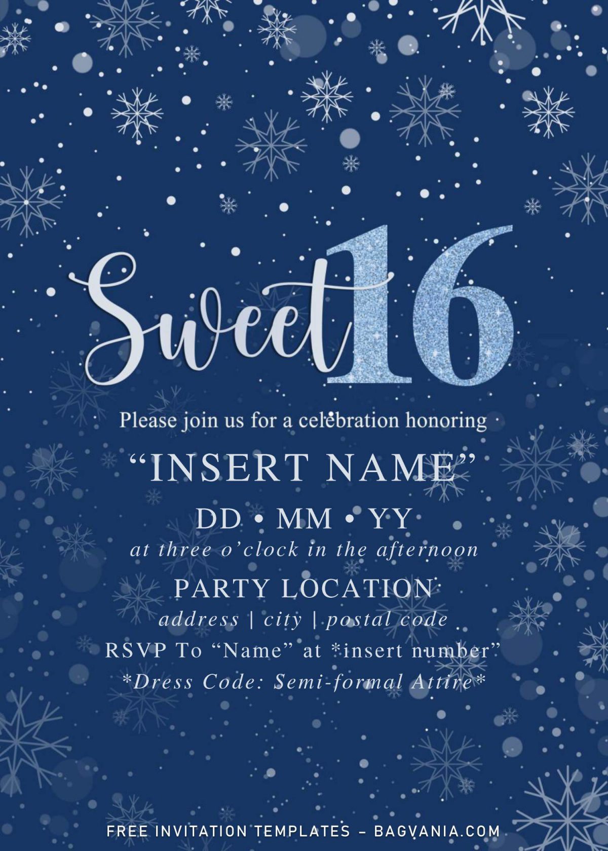Free Winter Sweet Sixteen Birthday Invitation Templates For Word and has blue glitter text