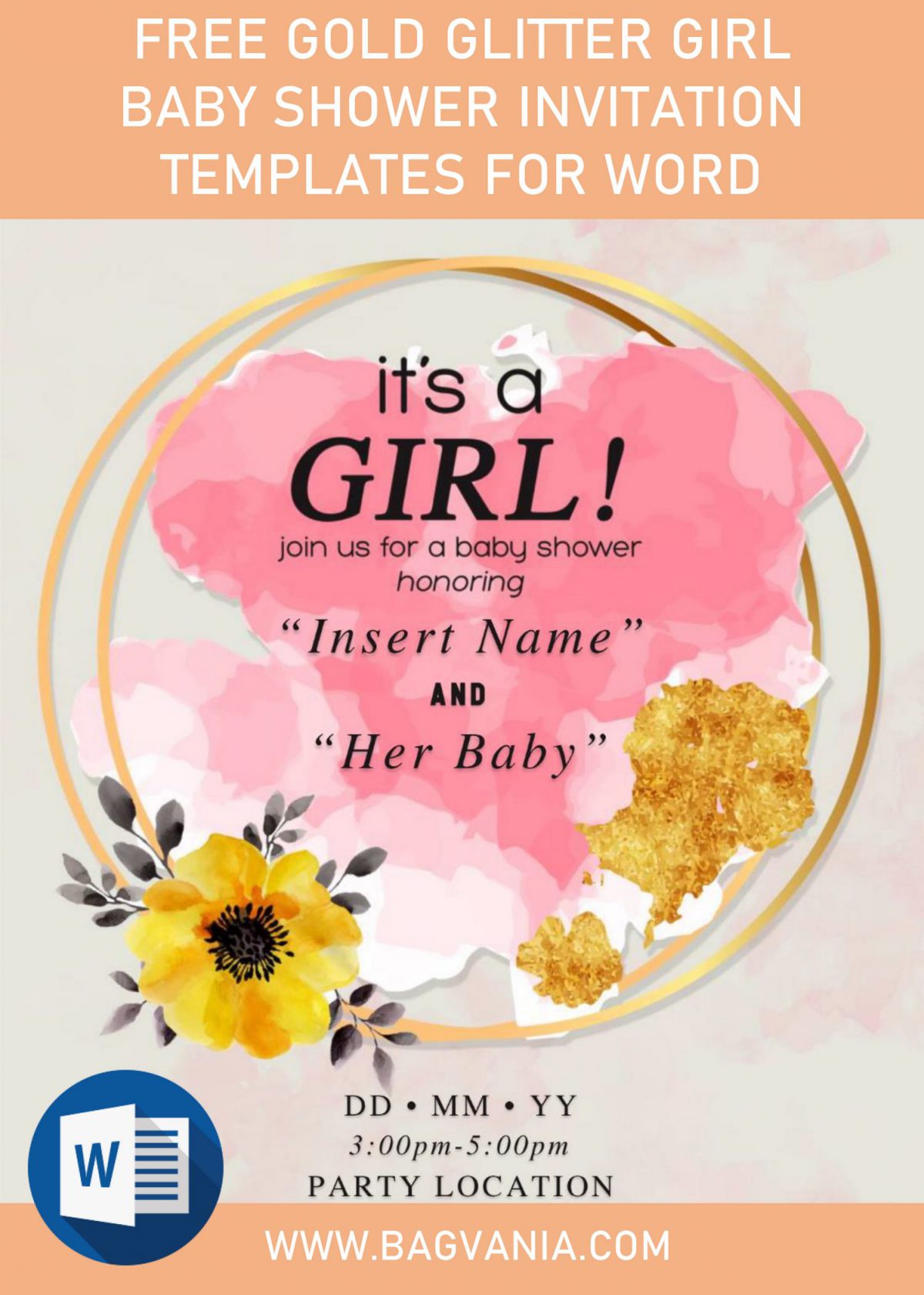 Free Gold Glitter Girl Baby Shower Invitation Templates For Word