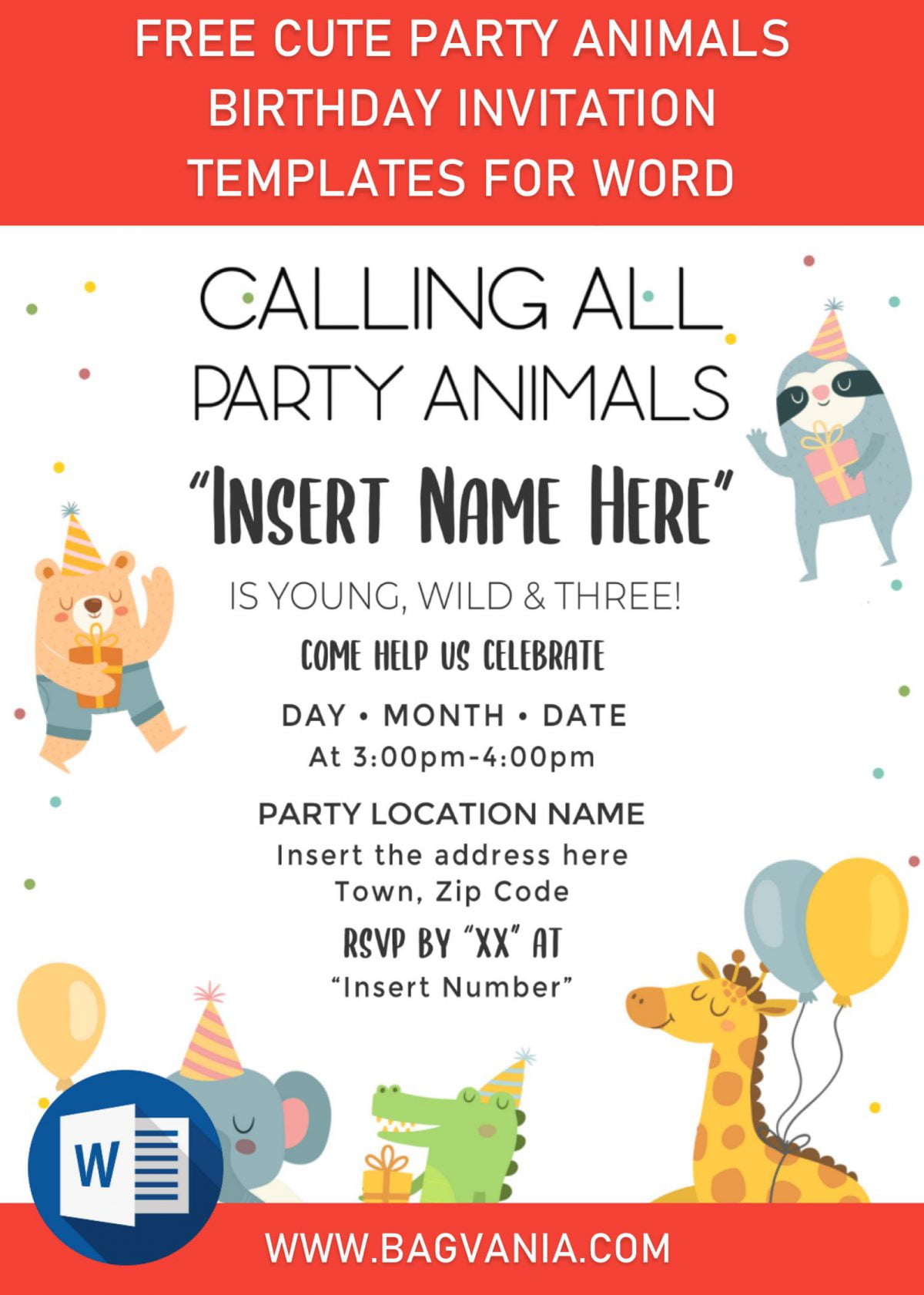 Free Cute Party Animals Birthday Invitation Templates For Word