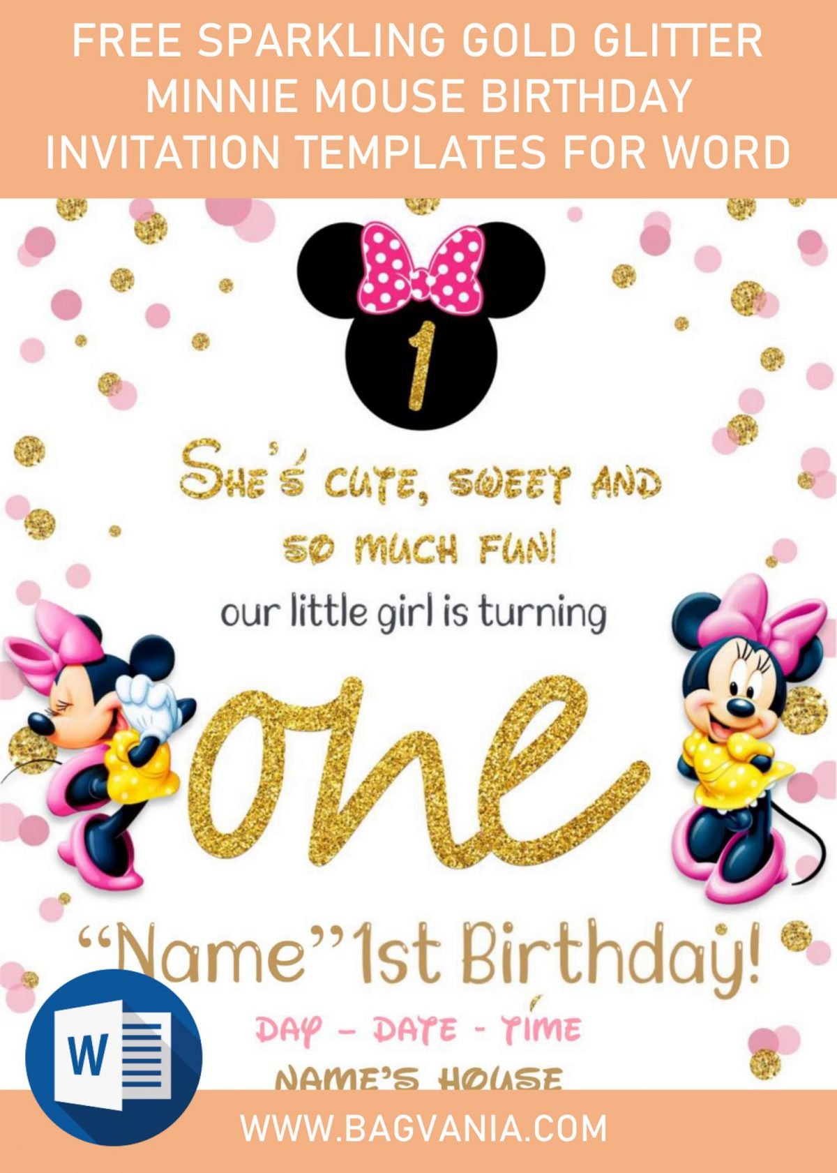 Free Sparkling Gold Glitter Minnie Mouse Birthday Invitation Templates For Word