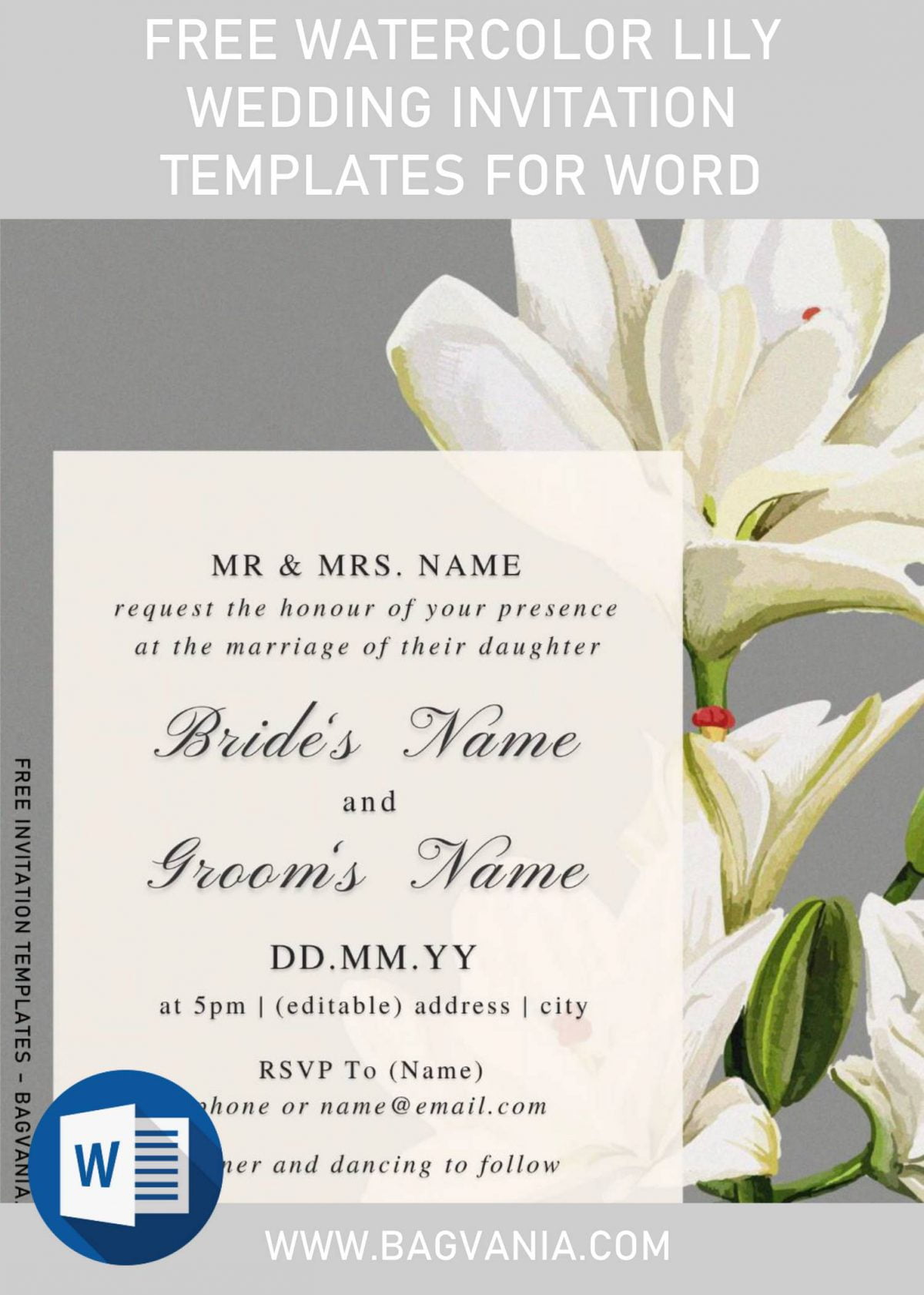 Free Watercolor Lily Wedding Invitation Templates For Word